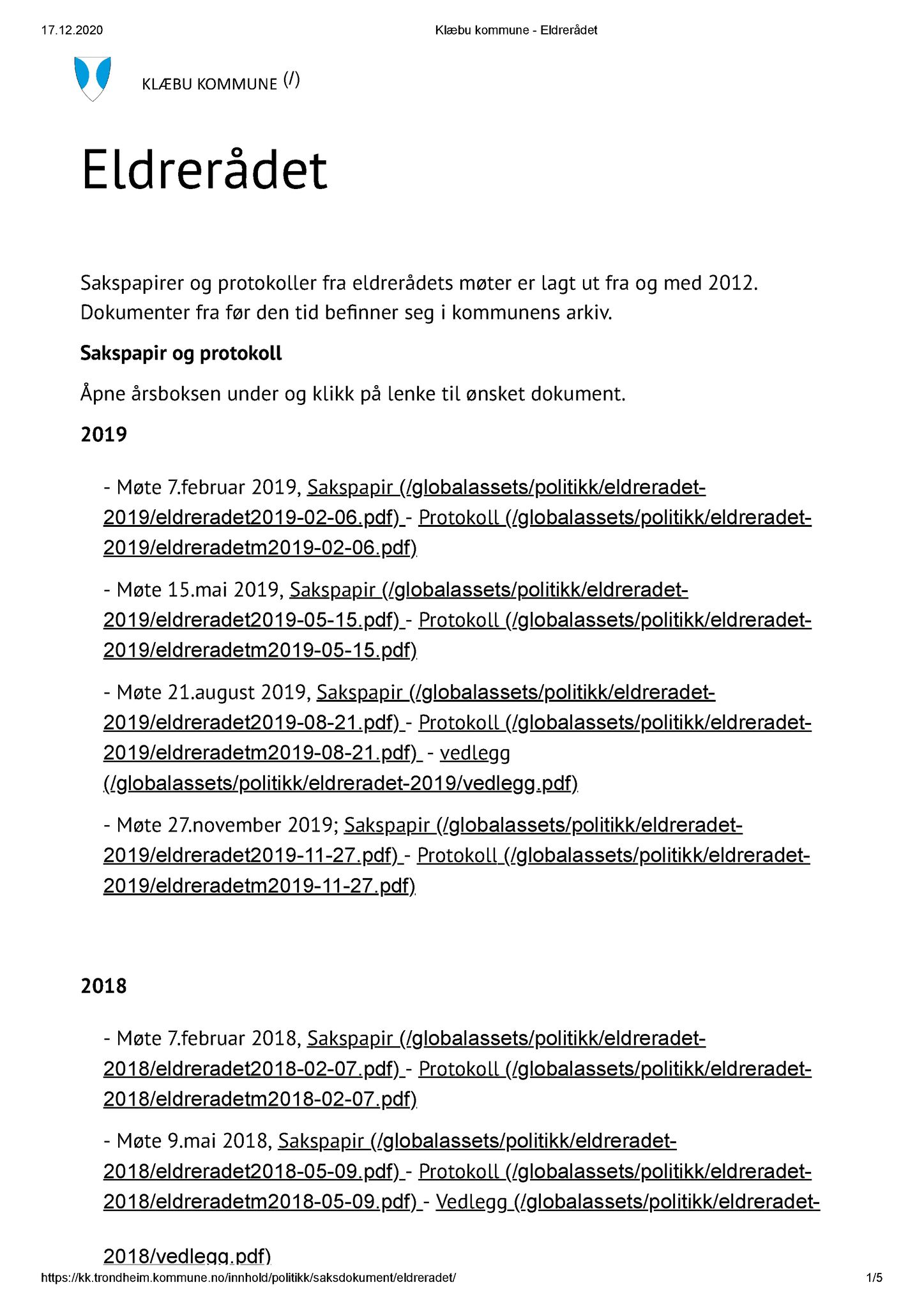 Klæbu Kommune, TRKO/KK/07-ER/L001: Eldrerådet - Møteoversikt, 2012-2019, p. 1