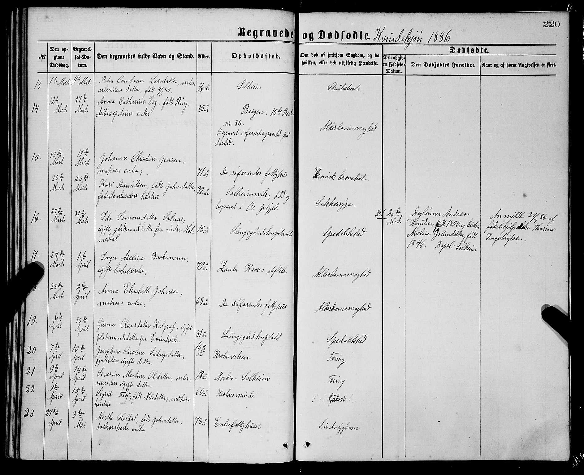 St. Jørgens hospital og Årstad sokneprestembete, AV/SAB-A-99934: Parish register (official) no. A 11, 1864-1886, p. 220