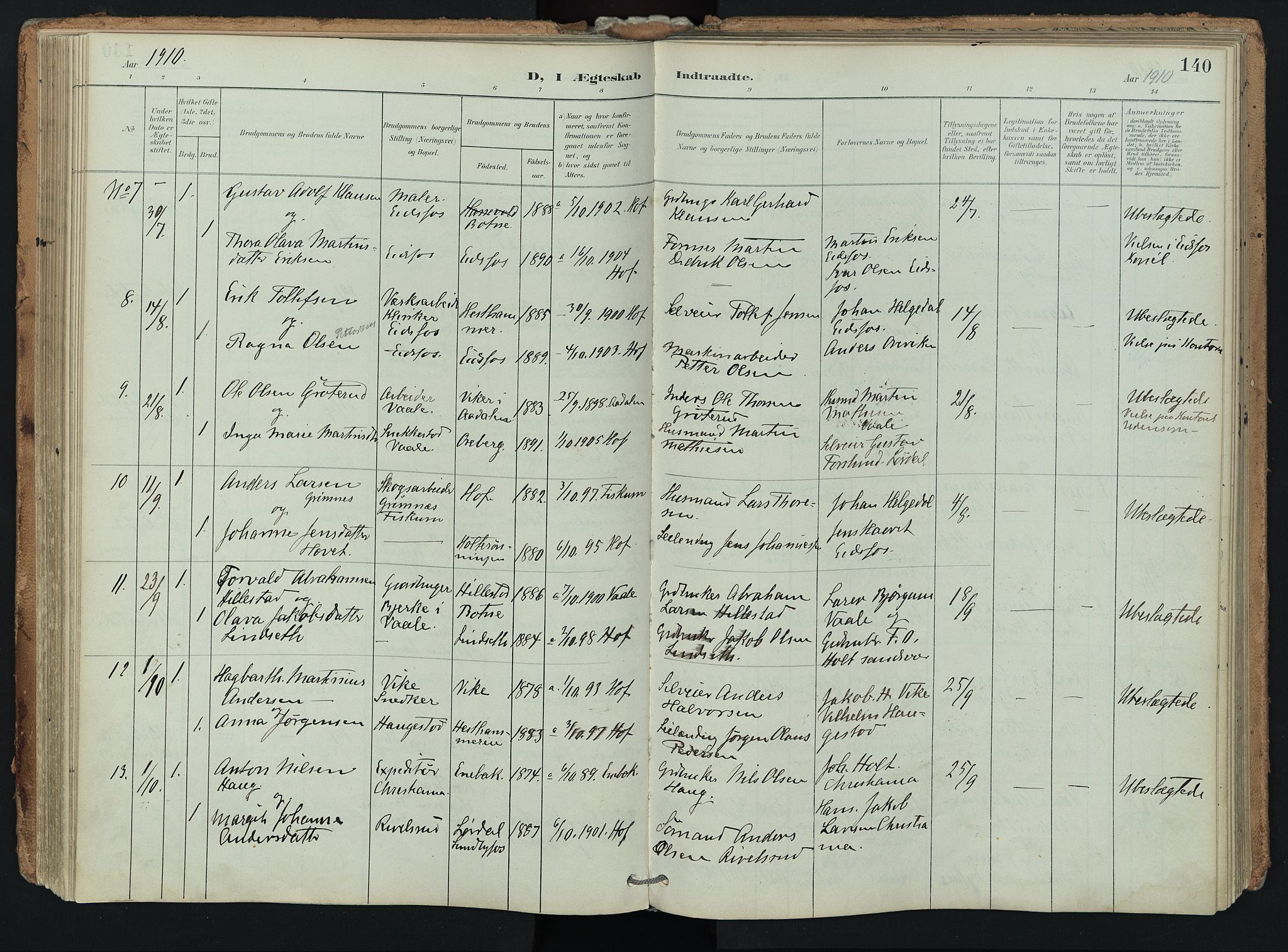 Hof kirkebøker, AV/SAKO-A-64/F/Fa/L0008: Parish register (official) no. I 8, 1902-1921, p. 140