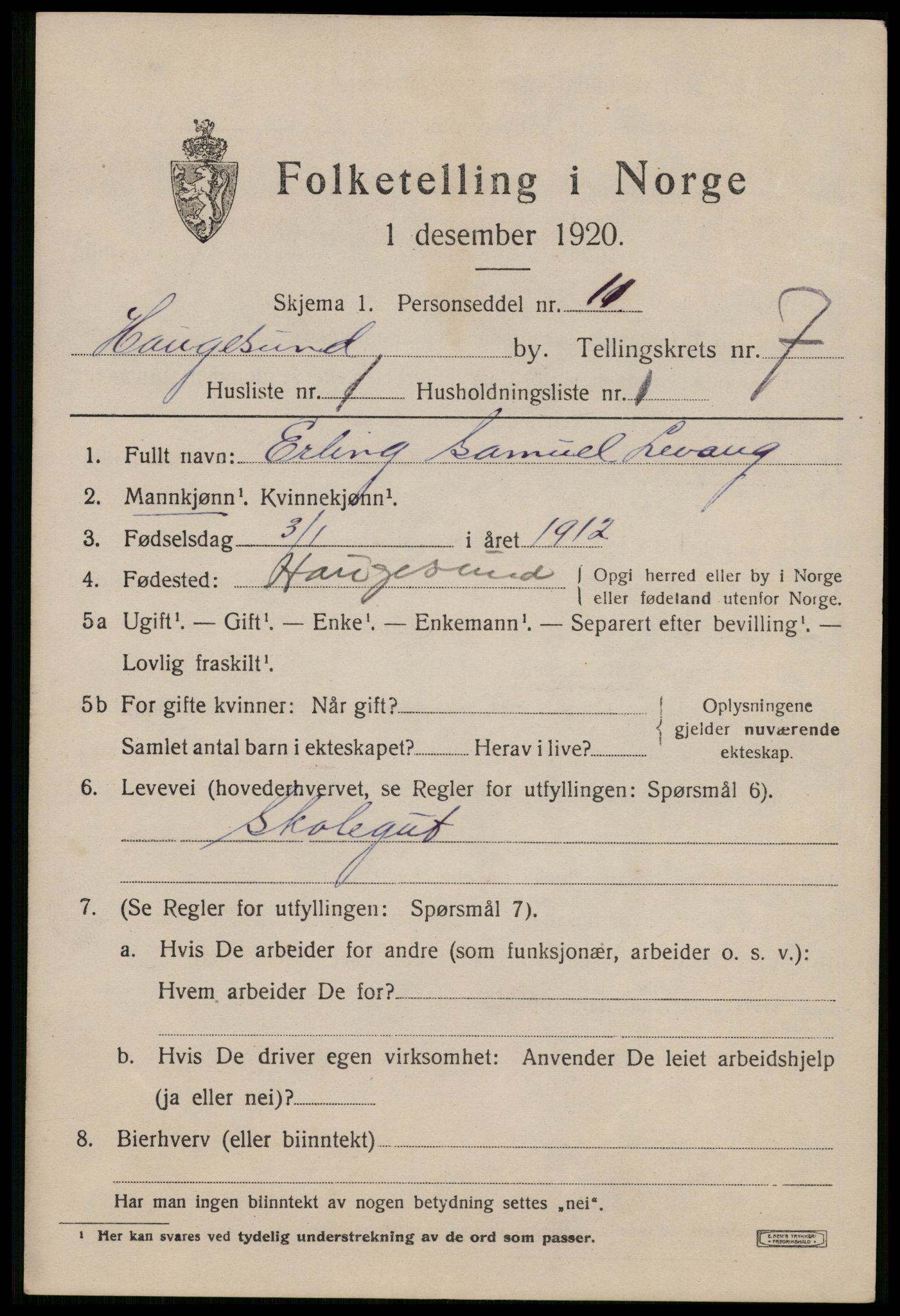 SAST, 1920 census for Haugesund, 1920, p. 25085