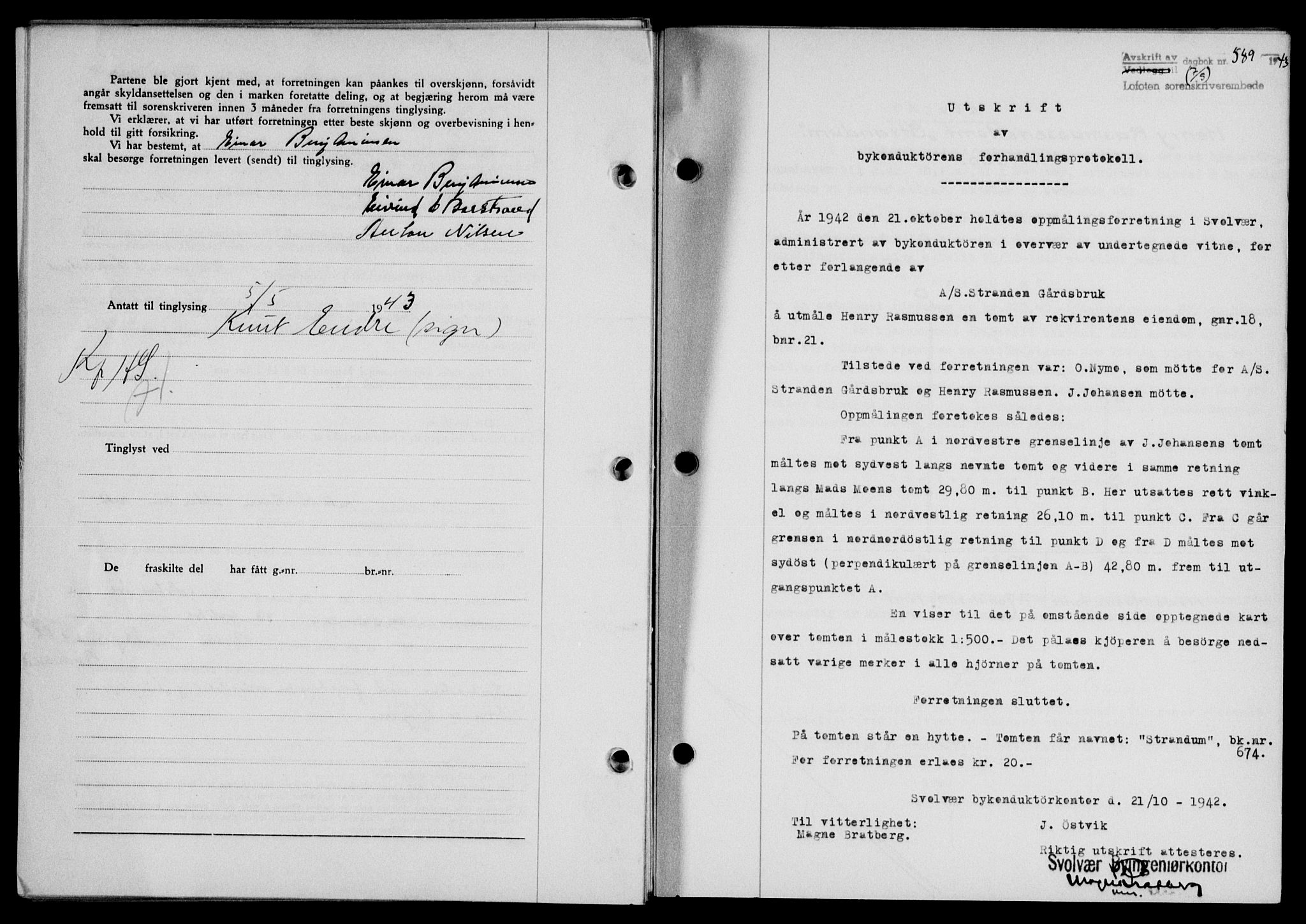Lofoten sorenskriveri, SAT/A-0017/1/2/2C/L0011a: Mortgage book no. 11a, 1943-1943, Diary no: : 589/1943