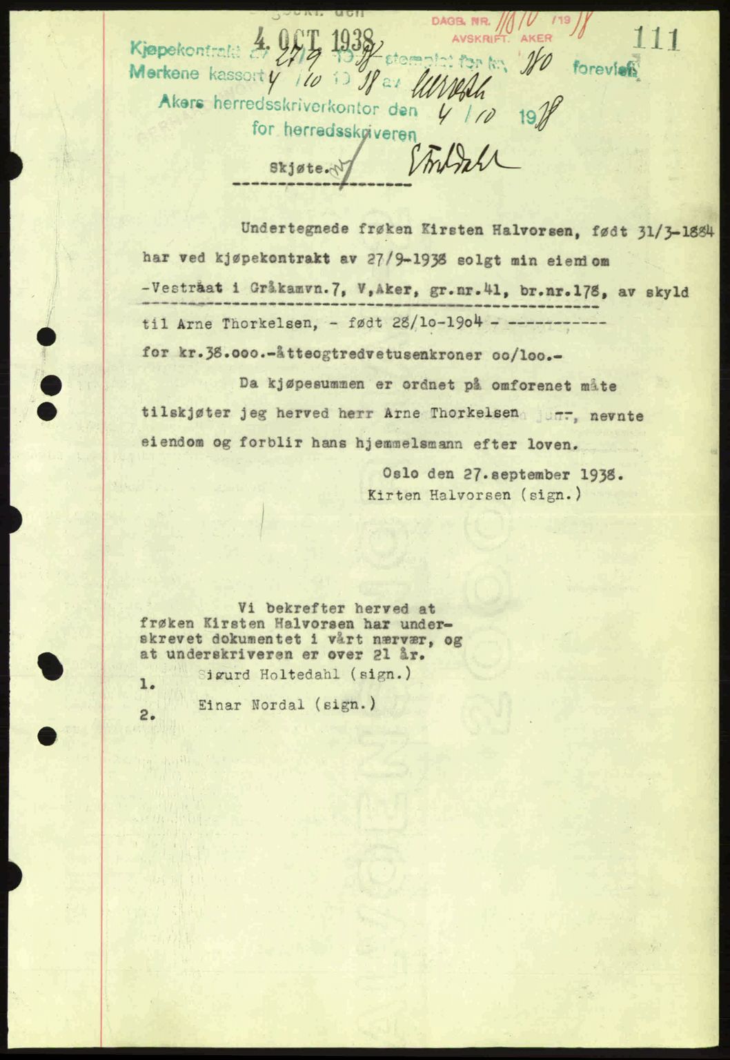 Aker herredsskriveri, SAO/A-10896/G/Gb/Gba/Gbab/L0025: Mortgage book no. A154-155, 1938-1938, Diary no: : 11810/1938