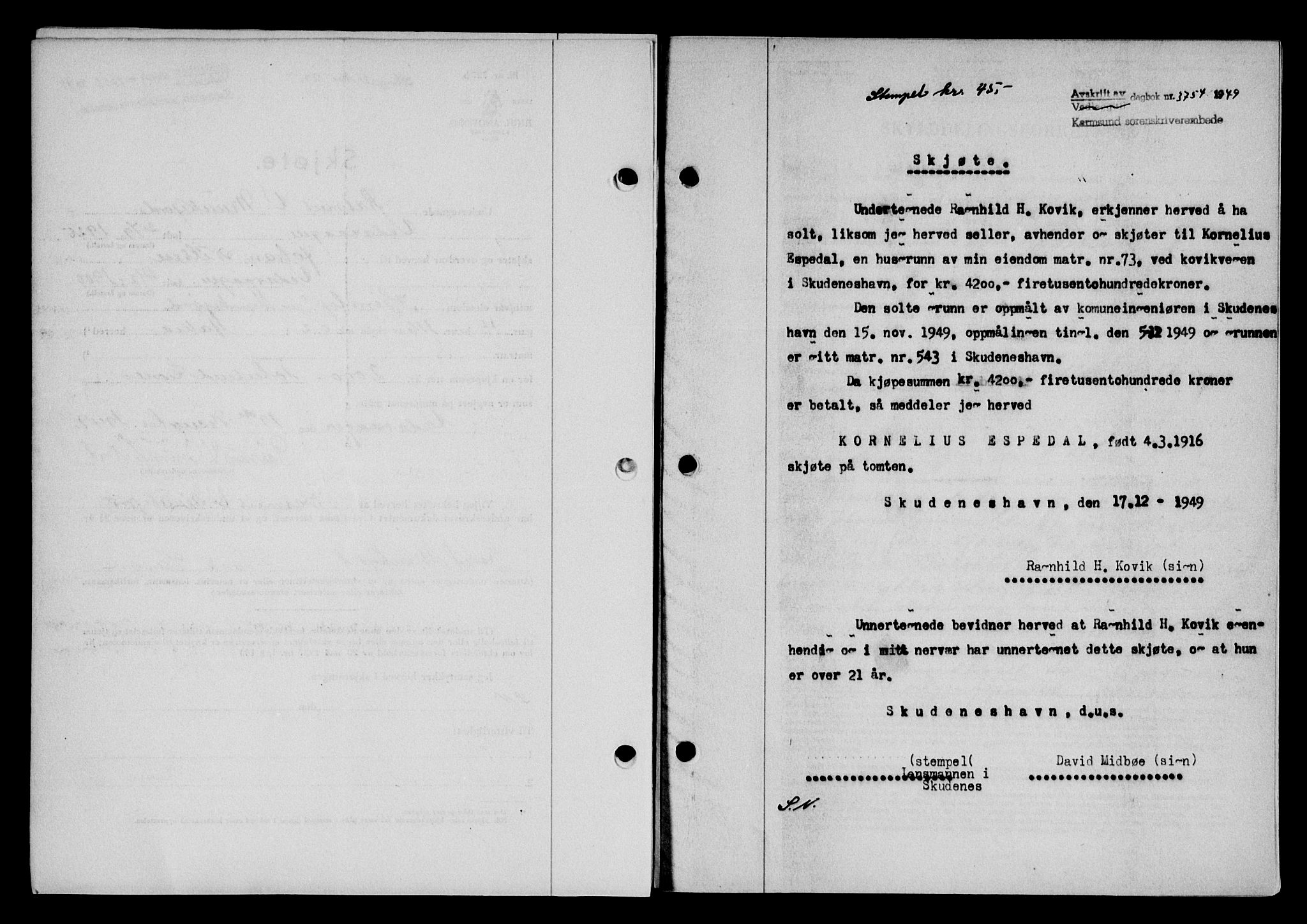 Karmsund sorenskriveri, SAST/A-100311/01/II/IIB/L0098: Mortgage book no. 78A, 1949-1950, Diary no: : 3754/1949