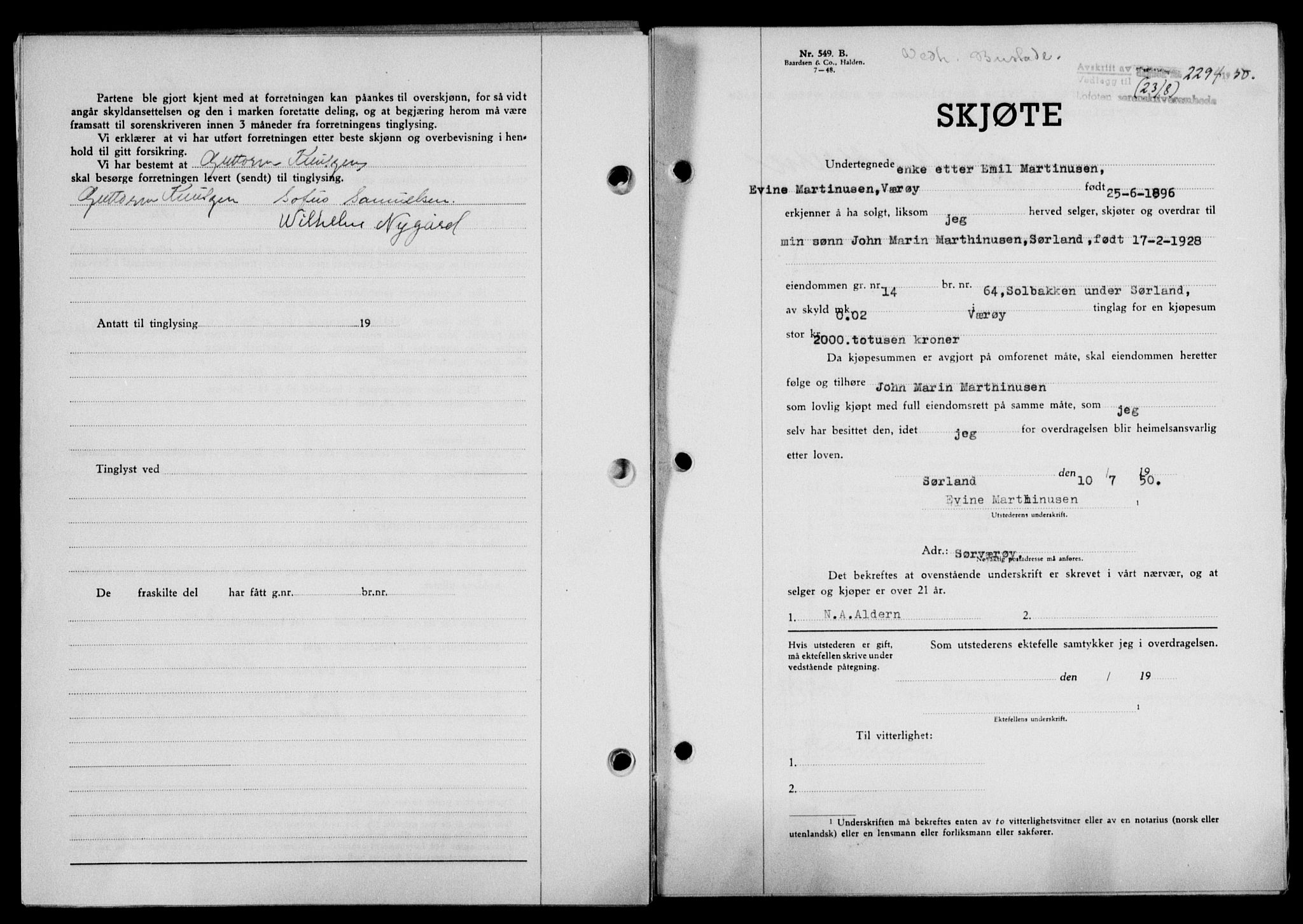 Lofoten sorenskriveri, SAT/A-0017/1/2/2C/L0024a: Mortgage book no. 24a, 1950-1950, Diary no: : 2294/1950