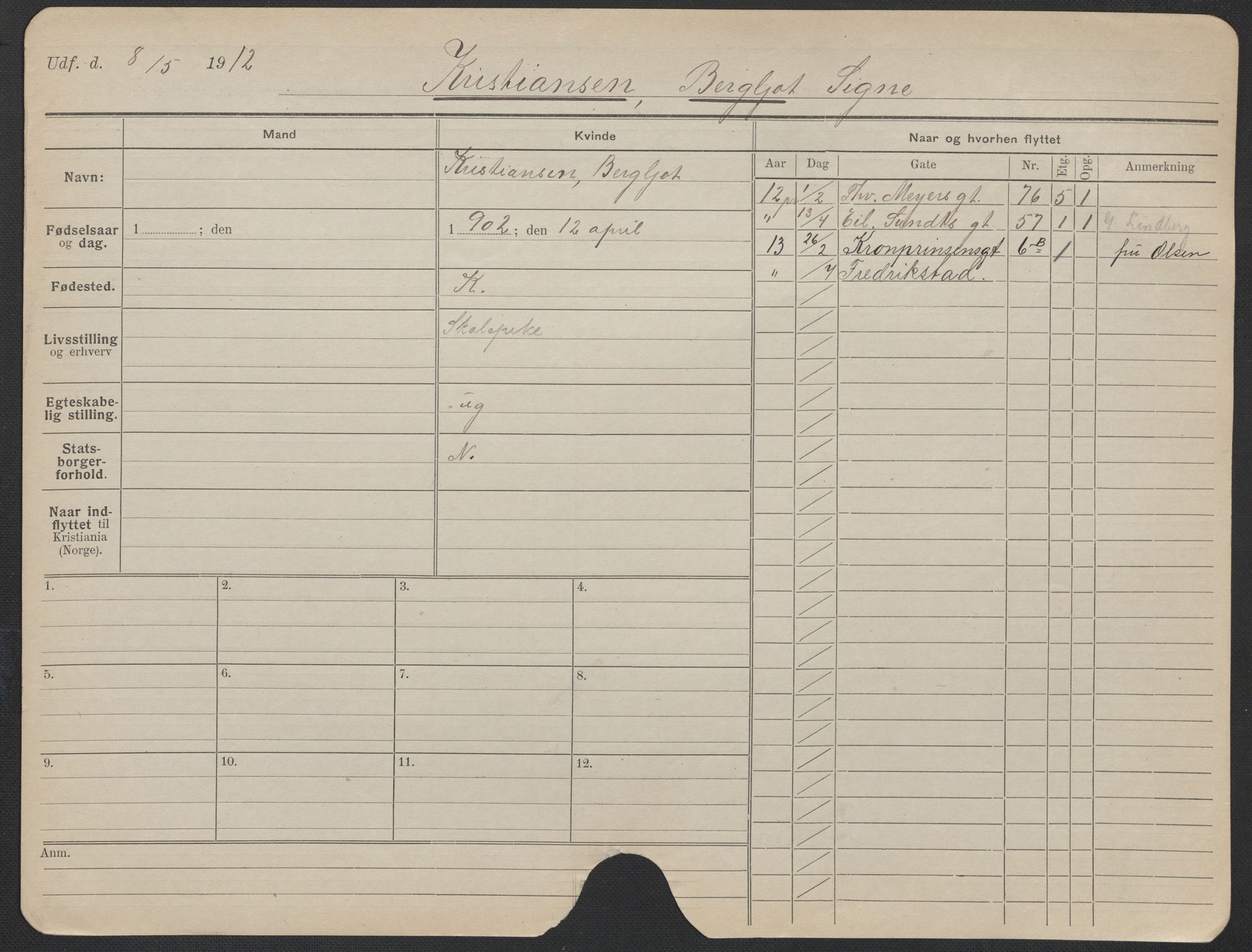 Oslo folkeregister, Registerkort, AV/SAO-A-11715/F/Fa/Fac/L0019: Kvinner, 1906-1914, p. 248a