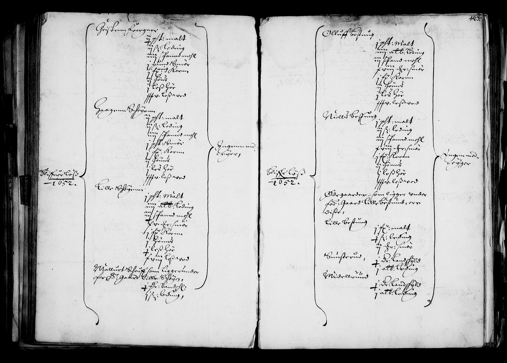 Rentekammeret inntil 1814, Realistisk ordnet avdeling, AV/RA-EA-4070/N/Na/L0001: [XI f]: Akershus stifts jordebok, 1652, p. 422b-423a