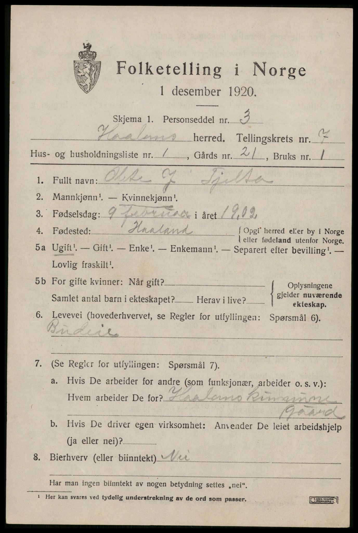 SAST, 1920 census for Håland, 1920, p. 5699