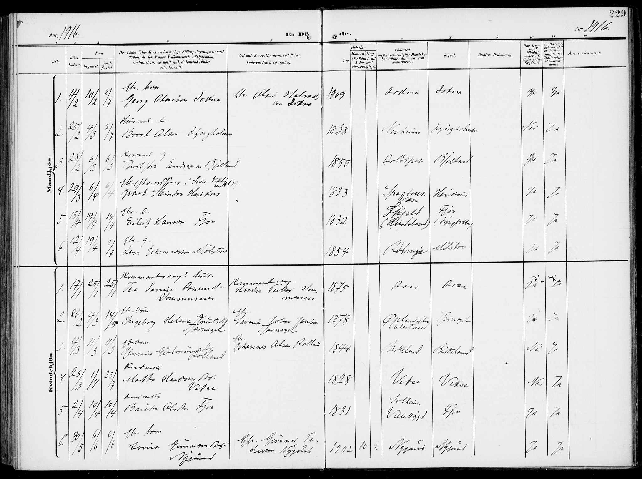 Sveio Sokneprestembete, SAB/A-78501/H/Haa: Parish register (official) no. B  4, 1906-1919, p. 229
