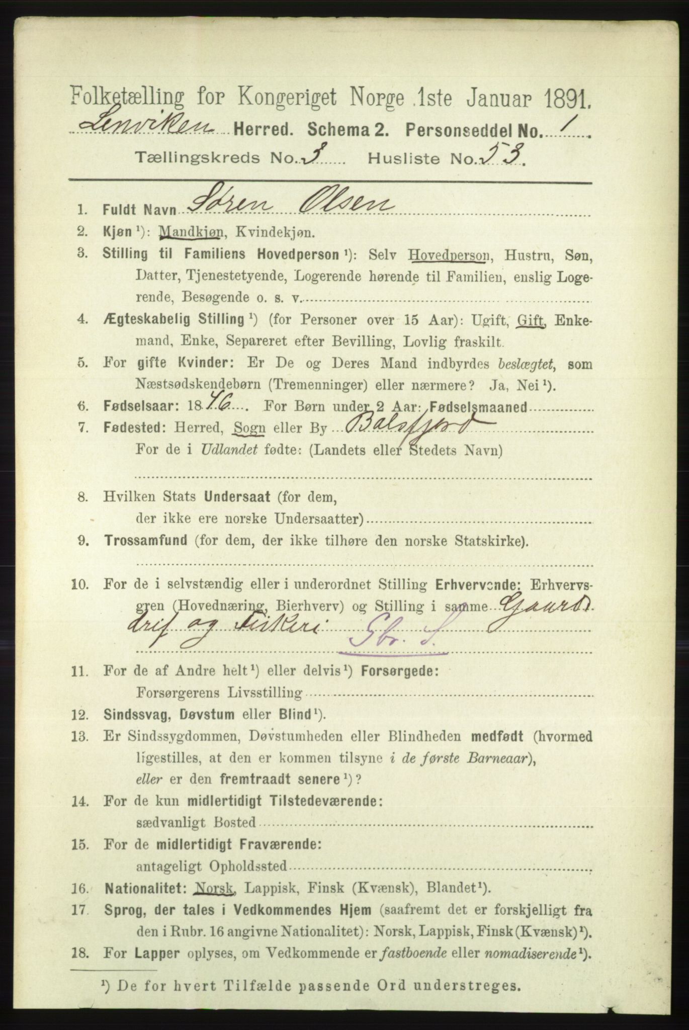 RA, 1891 census for 1931 Lenvik, 1891, p. 1712