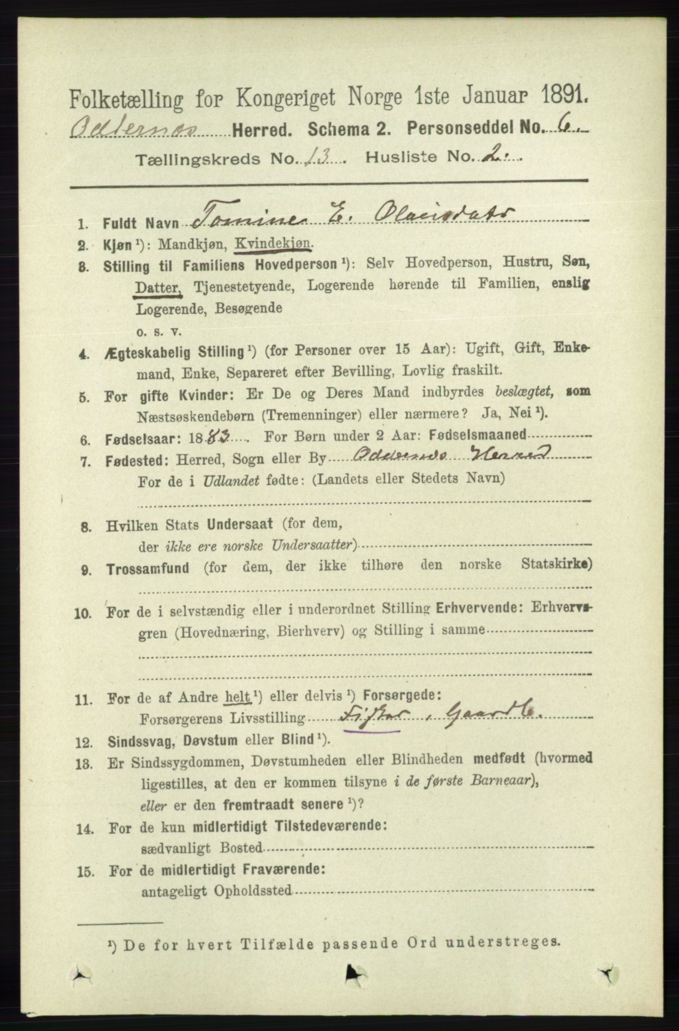 RA, 1891 census for 1012 Oddernes, 1891, p. 4650