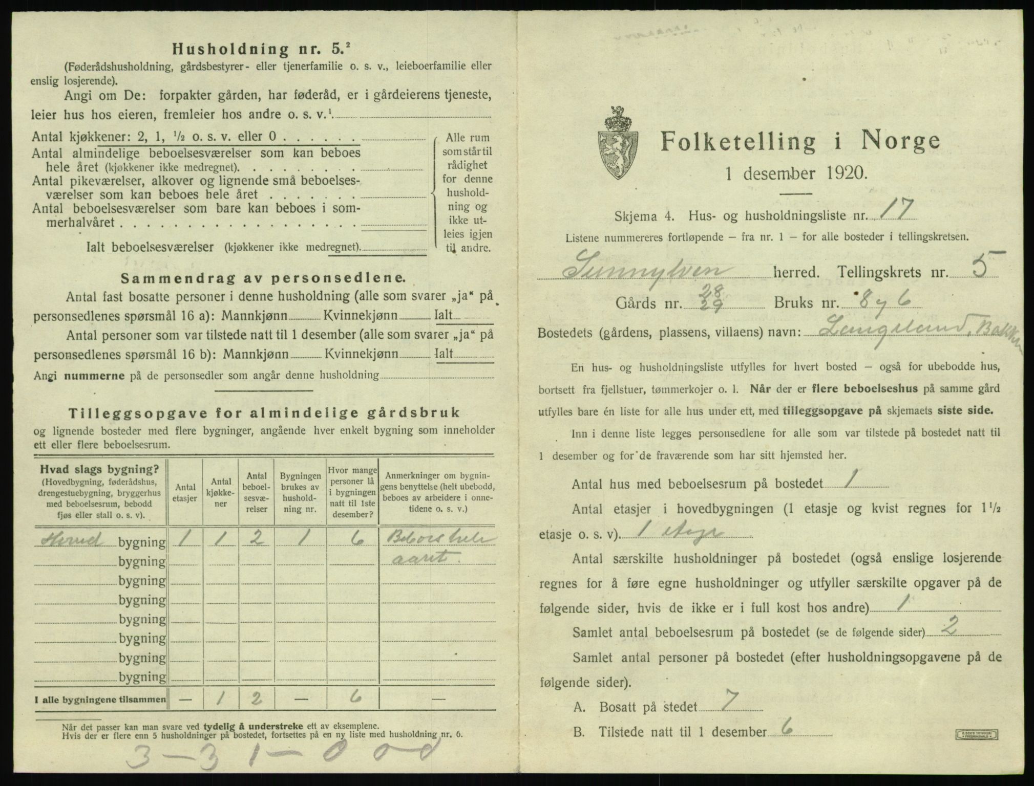 SAT, 1920 census for Sunnylven, 1920, p. 336