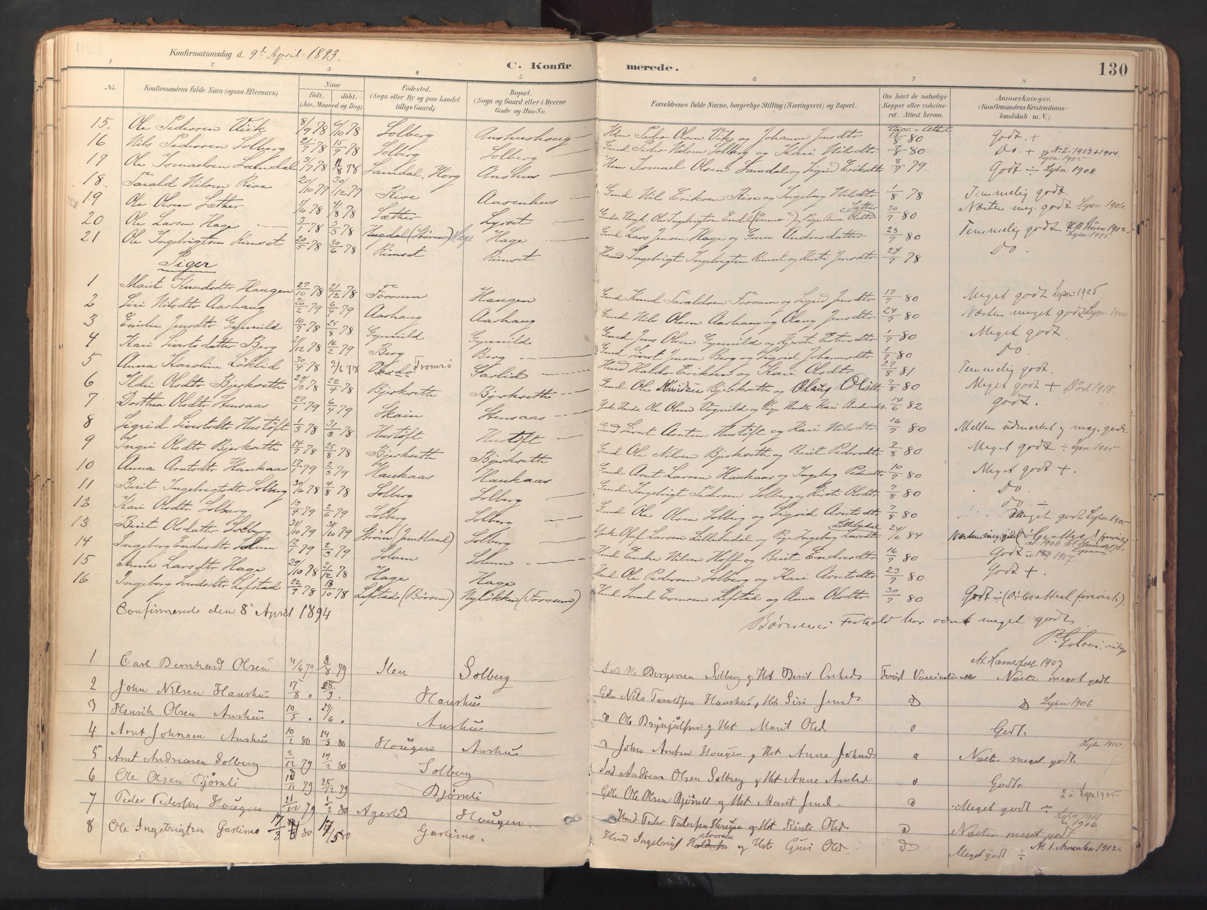 Ministerialprotokoller, klokkerbøker og fødselsregistre - Sør-Trøndelag, SAT/A-1456/689/L1041: Parish register (official) no. 689A06, 1891-1923, p. 130
