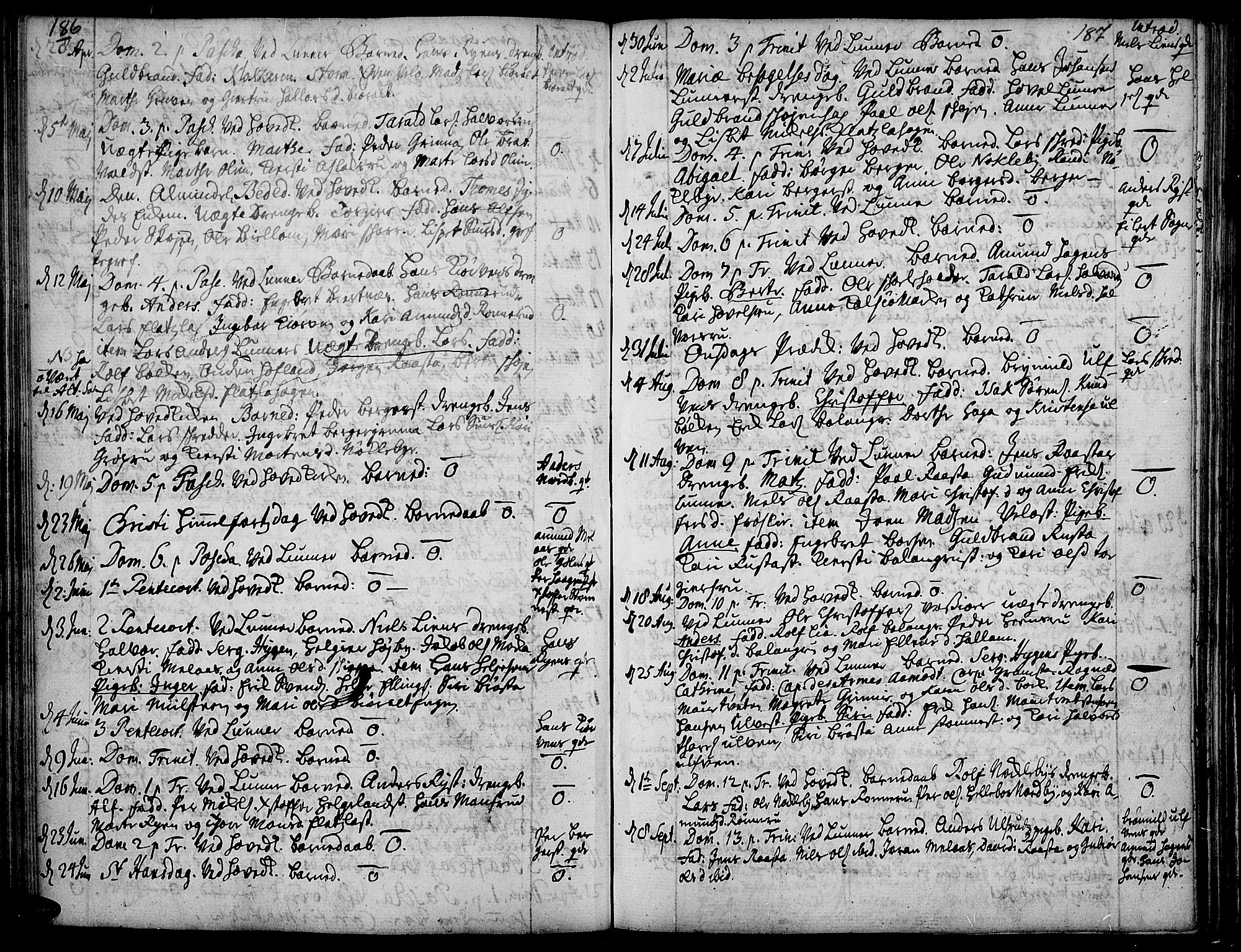 Jevnaker prestekontor, SAH/PREST-116/H/Ha/Haa/L0002: Parish register (official) no. 2, 1725-1751, p. 186-187