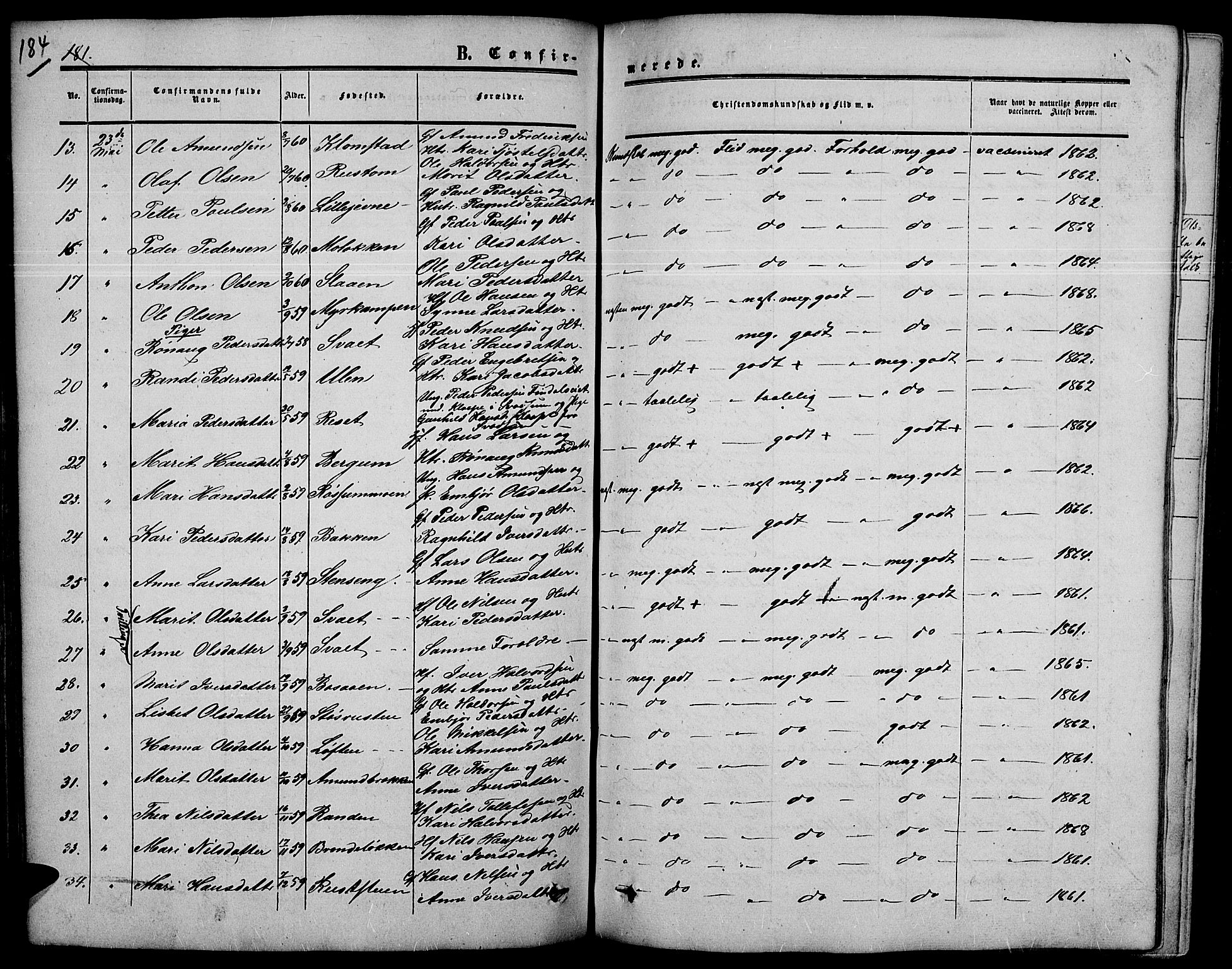 Nord-Fron prestekontor, SAH/PREST-080/H/Ha/Hab/L0003: Parish register (copy) no. 3, 1851-1886, p. 184