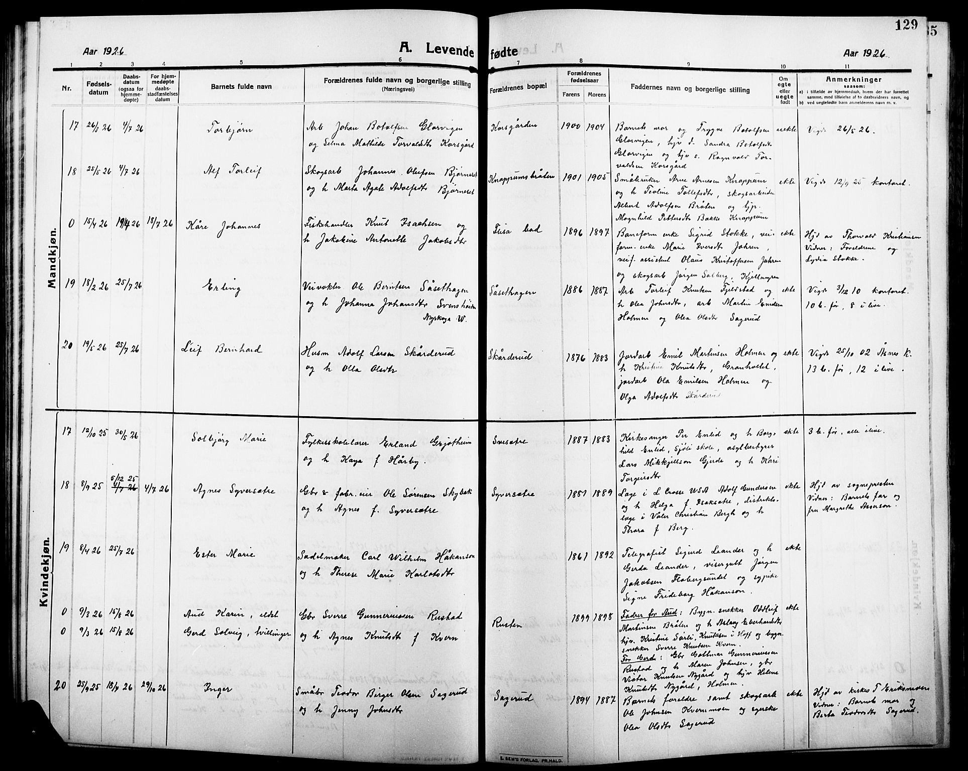 Åsnes prestekontor, AV/SAH-PREST-042/H/Ha/Hab/L0007: Parish register (copy) no. 7, 1909-1926, p. 129