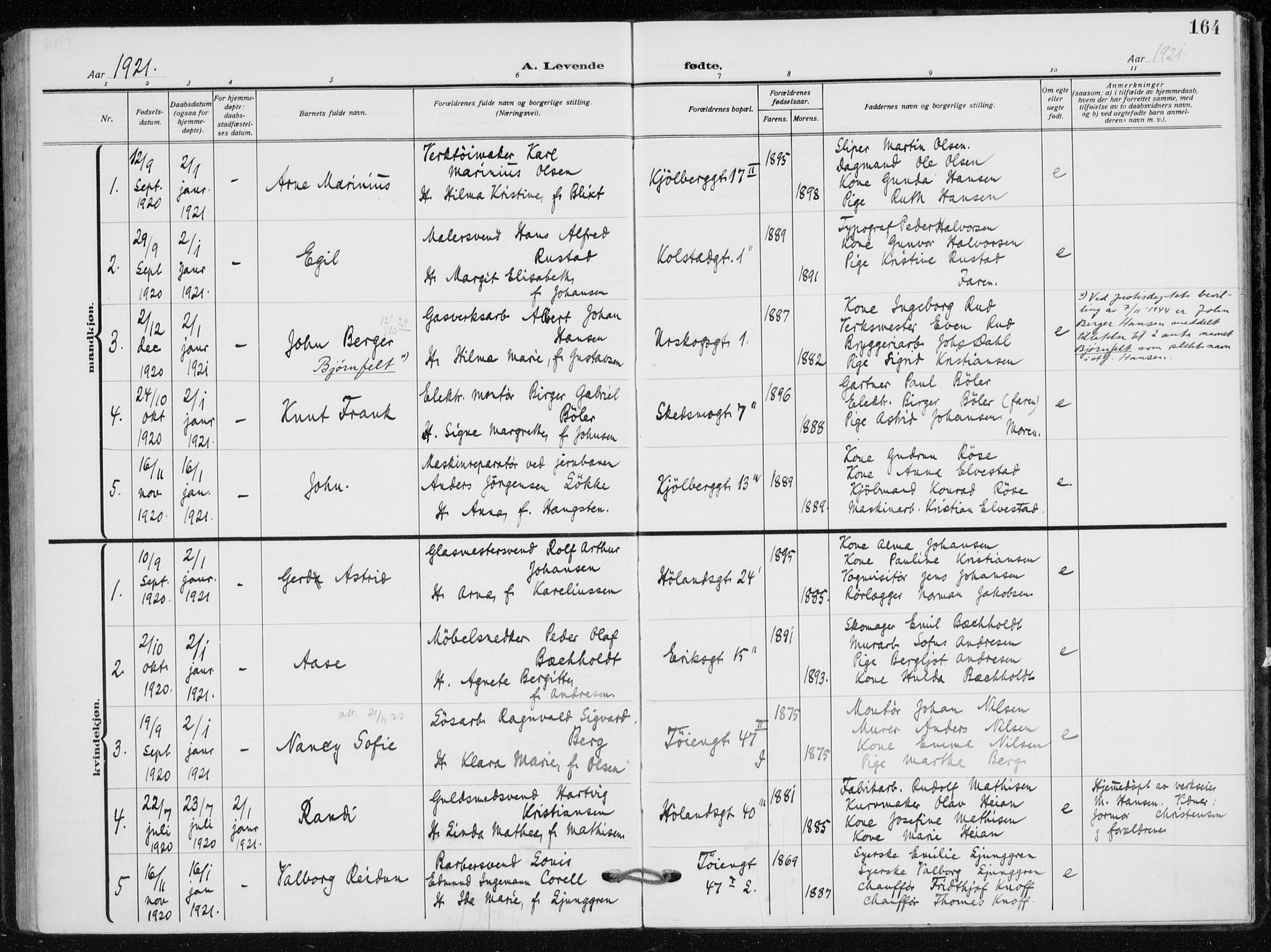 Kampen prestekontor Kirkebøker, SAO/A-10853/F/Fa/L0012: Parish register (official) no. I 12, 1916-1921, p. 164