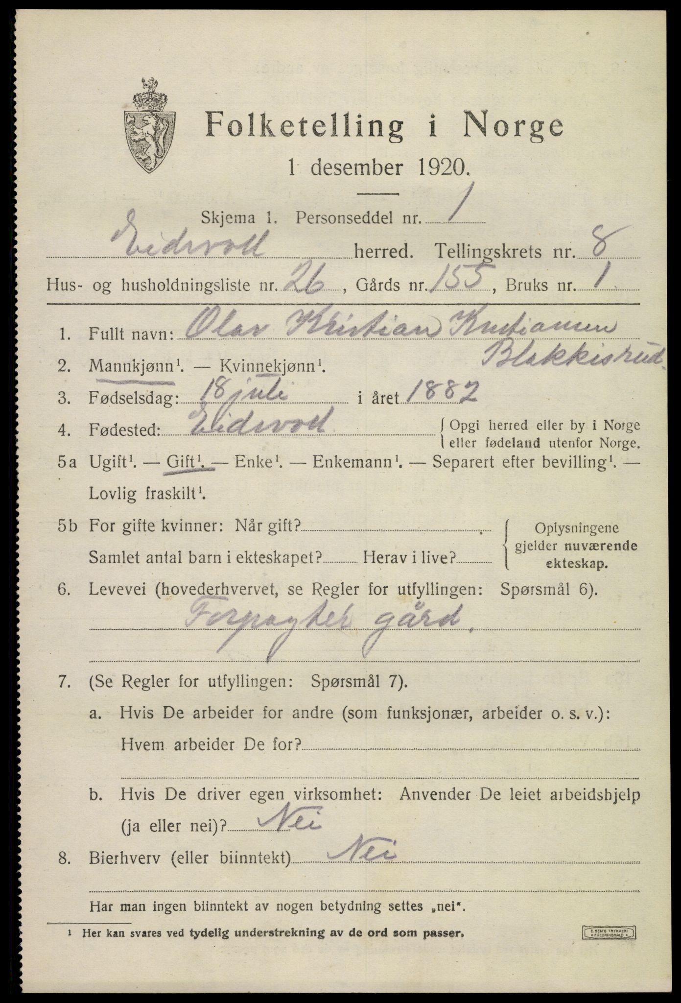 SAO, 1920 census for Eidsvoll, 1920, p. 13233