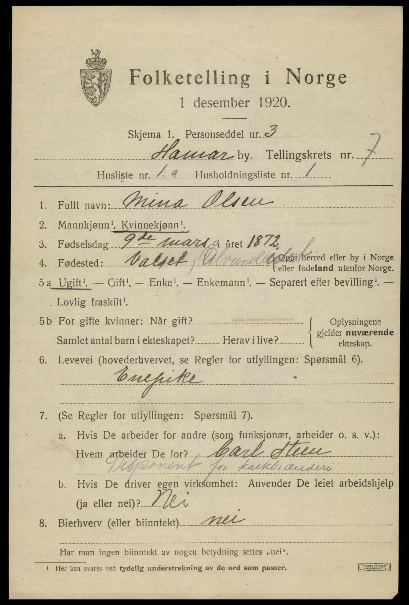 SAH, 1920 census for Hamar, 1920, p. 12703