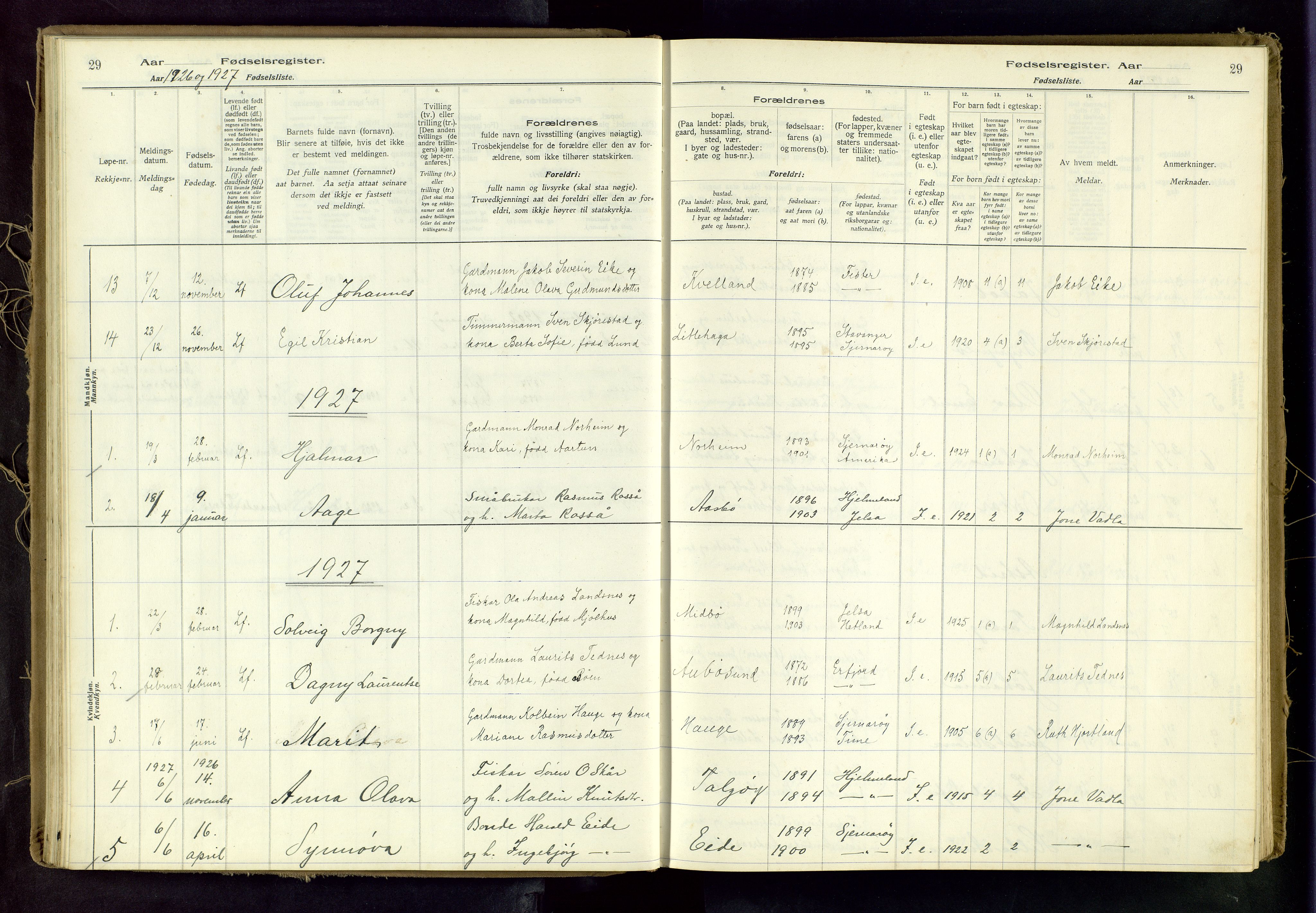 Nedstrand sokneprestkontor, SAST/A-101841/03/A/L0001: Birth register no. 1, 1916-1982, p. 29