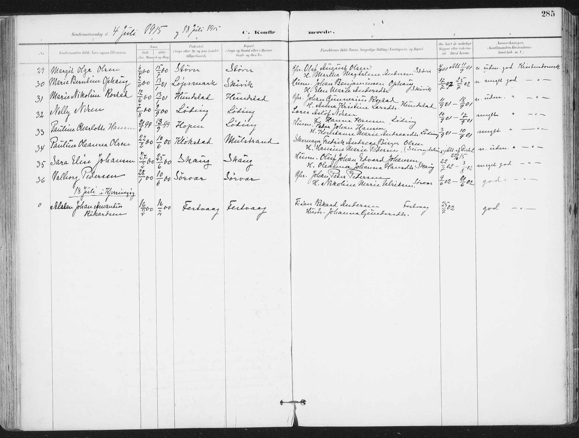 Ministerialprotokoller, klokkerbøker og fødselsregistre - Nordland, AV/SAT-A-1459/802/L0055: Parish register (official) no. 802A02, 1894-1915, p. 285