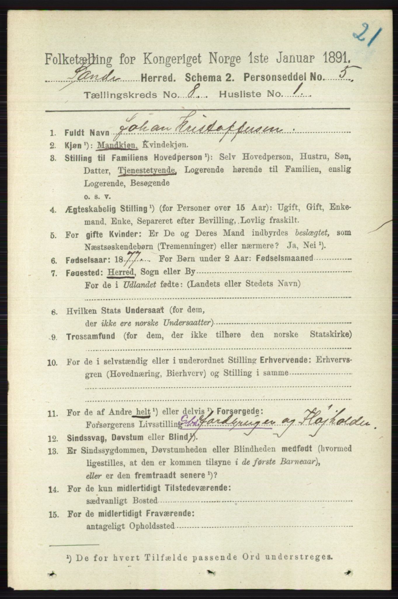 RA, 1891 census for 0713 Sande, 1891, p. 3532