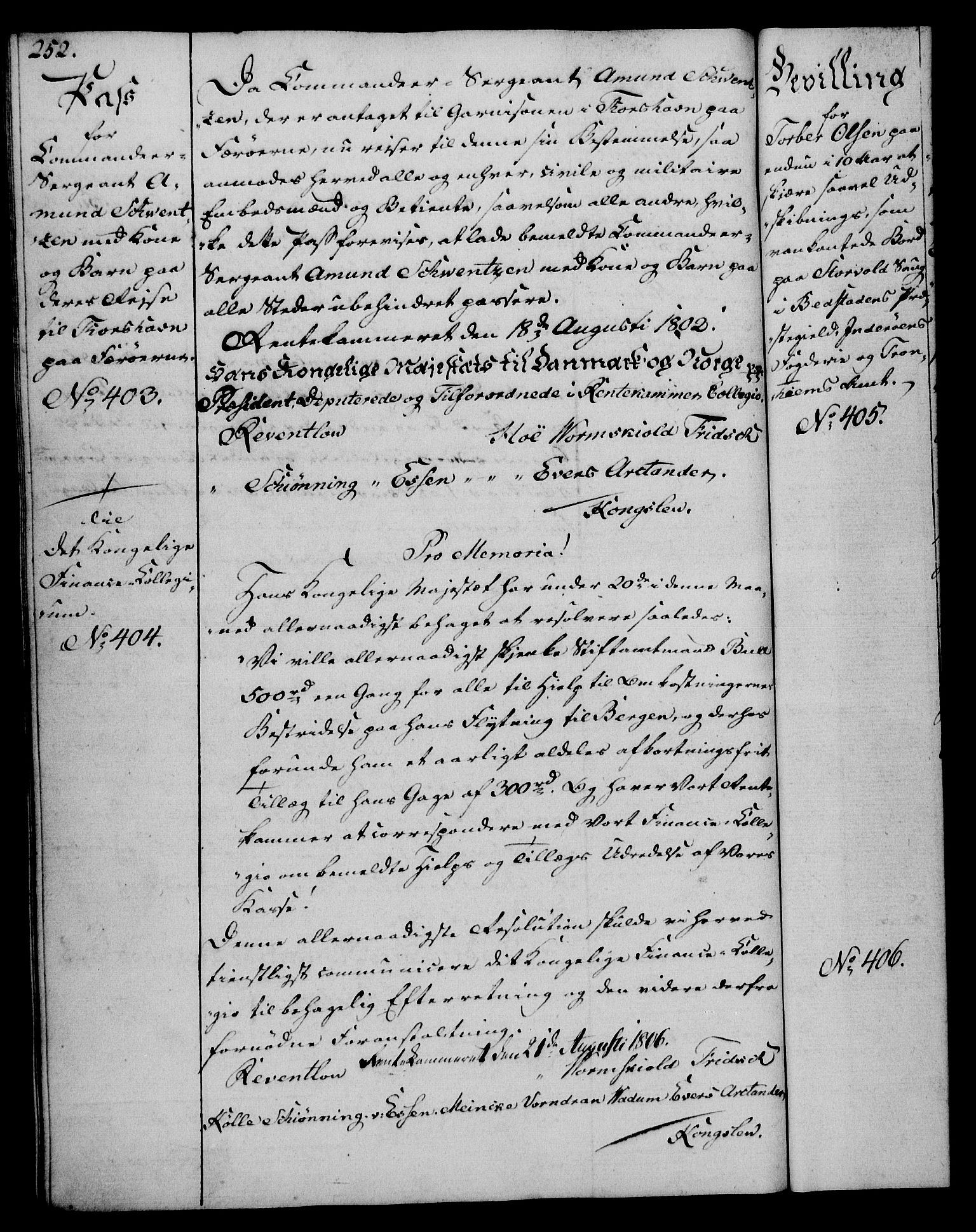 Rentekammeret, Kammerkanselliet, AV/RA-EA-3111/G/Gg/Gga/L0017: Norsk ekspedisjonsprotokoll med register (merket RK 53.17), 1801-1803, p. 252