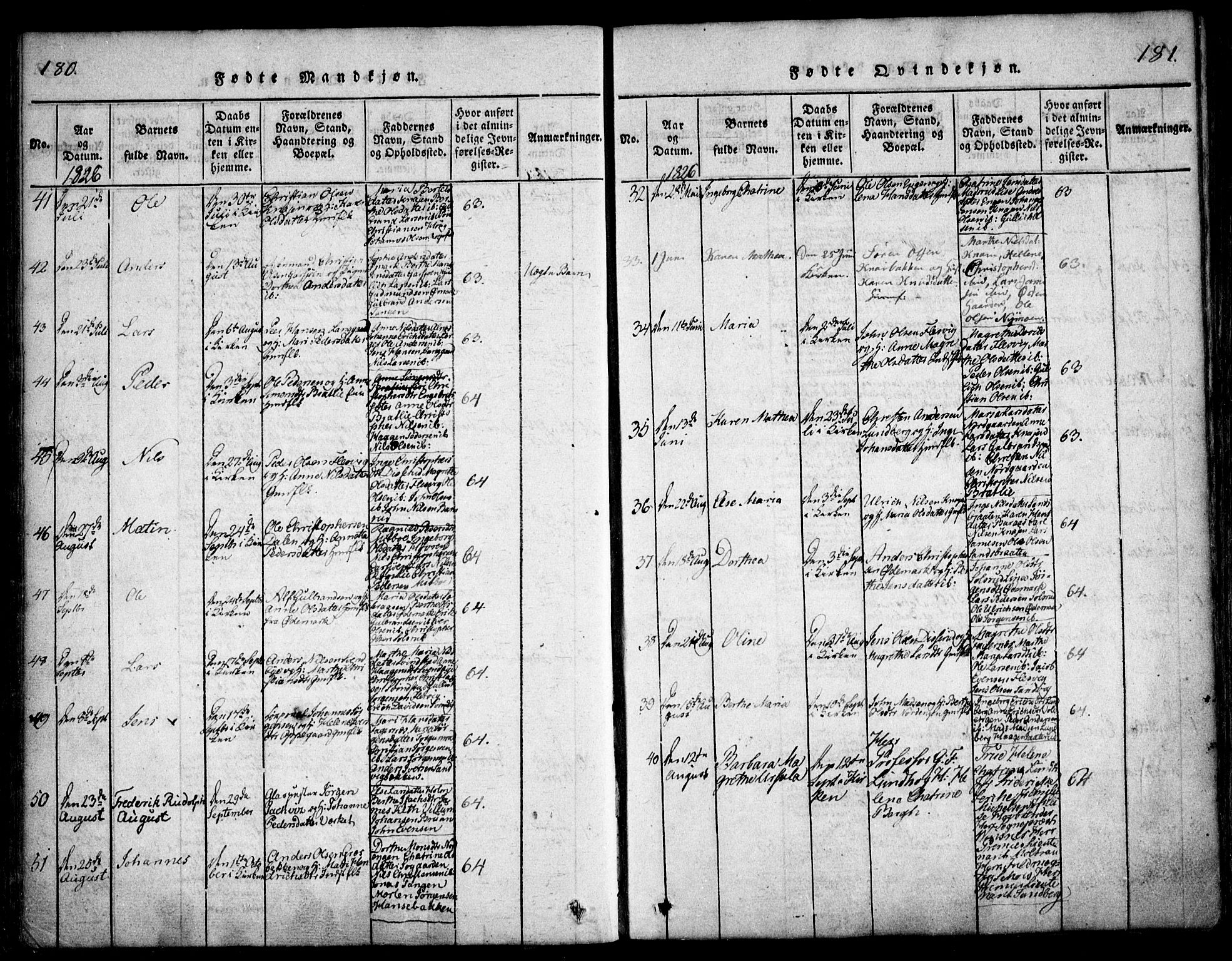 Hurdal prestekontor Kirkebøker, SAO/A-10889/F/Fa/L0003: Parish register (official) no. I 3, 1815-1828, p. 180-181