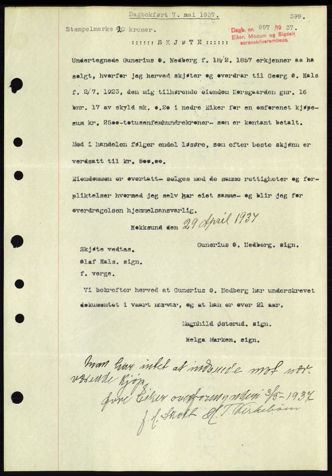 Eiker, Modum og Sigdal sorenskriveri, SAKO/A-123/G/Ga/Gab/L0035: Mortgage book no. A5, 1937-1937, Diary no: : 997/1937