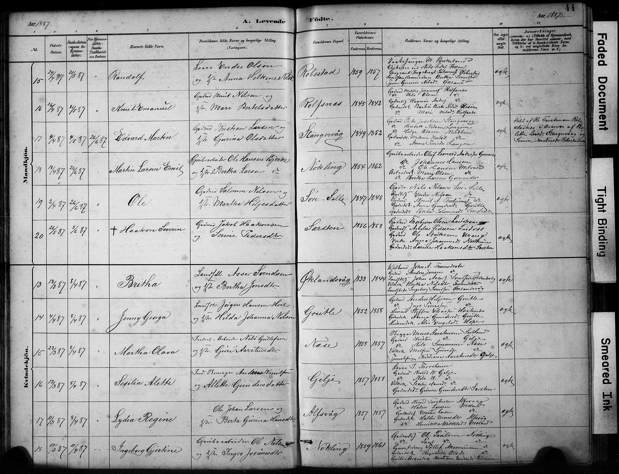 Finnås sokneprestembete, SAB/A-99925/H/Ha/Hab/Habb/L0003: Parish register (copy) no. B 3, 1882-1897, p. 44