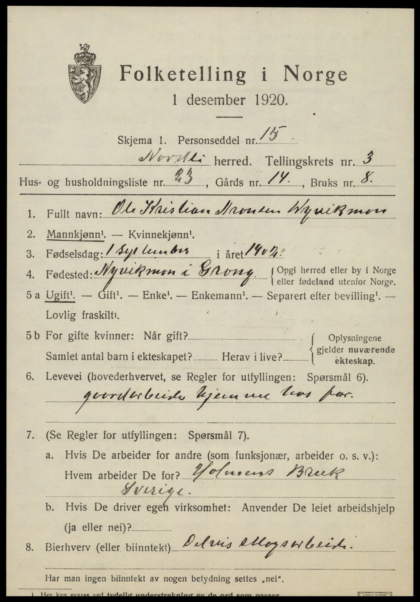 SAT, 1920 census for Nordli, 1920, p. 1651