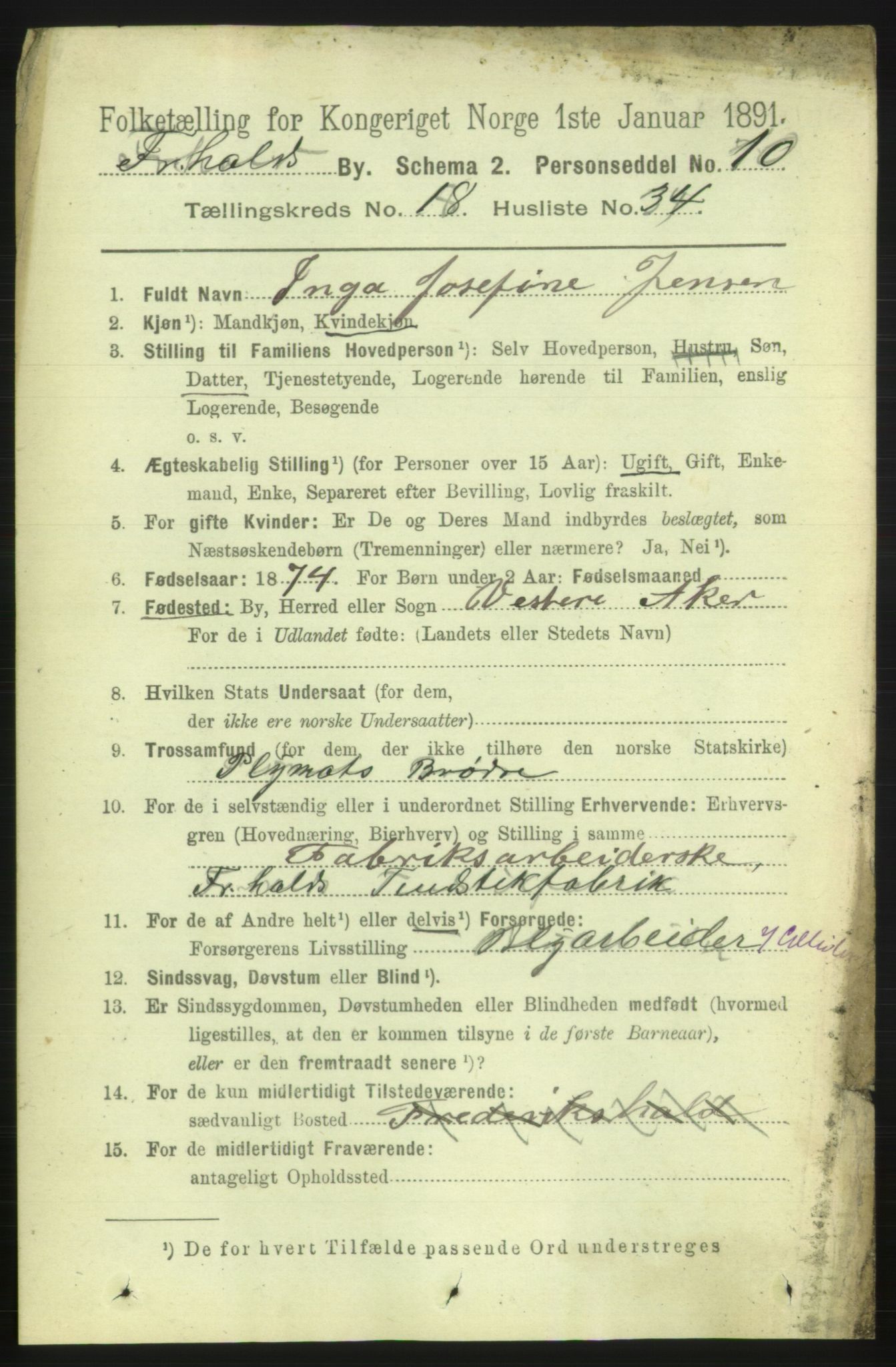 RA, 1891 census for 0101 Fredrikshald, 1891, p. 11852