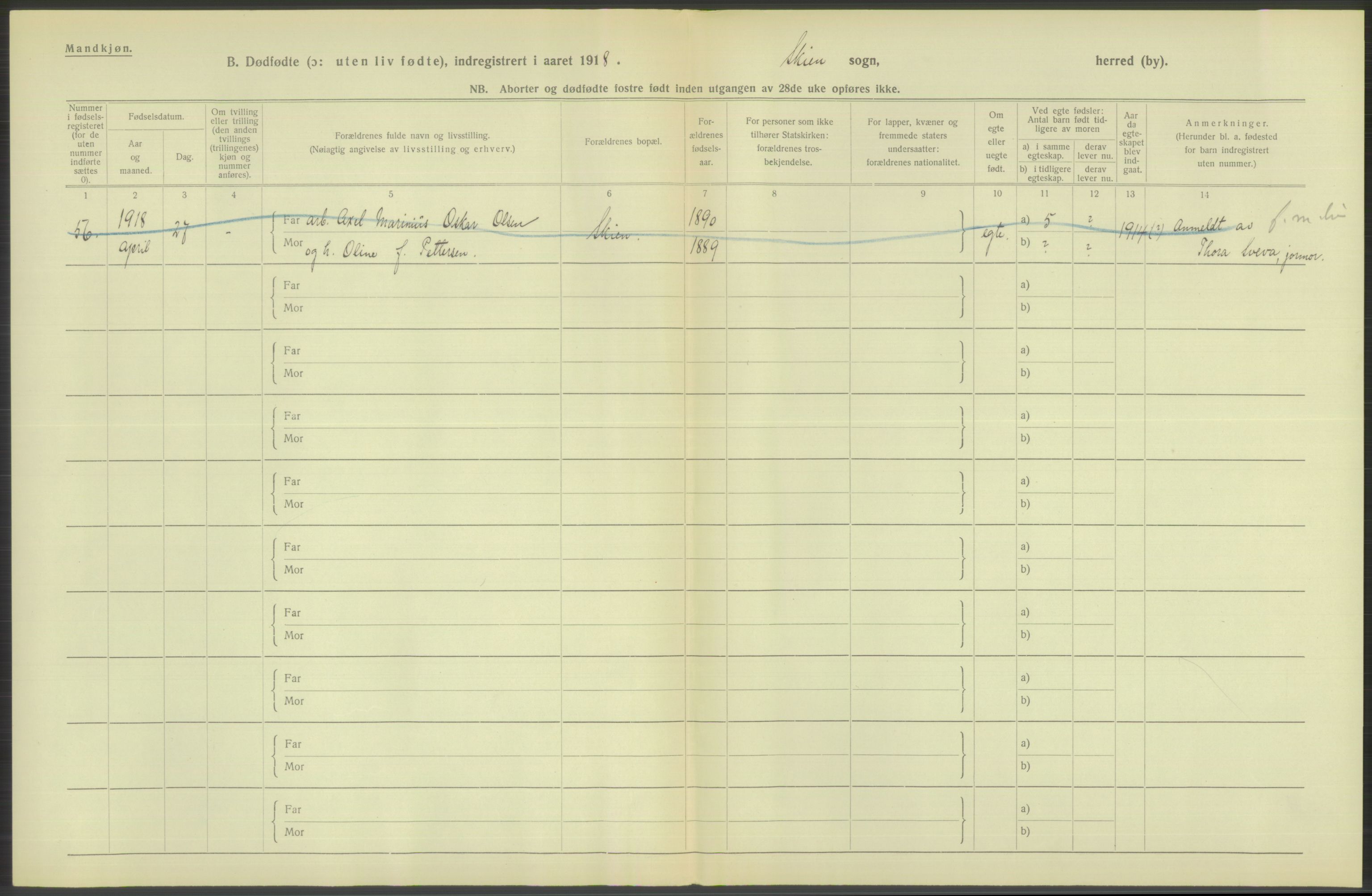 Statistisk sentralbyrå, Sosiodemografiske emner, Befolkning, RA/S-2228/D/Df/Dfb/Dfbh/L0025: Telemark fylke: Gifte, dødfødte. Bygder og byer., 1918, p. 284