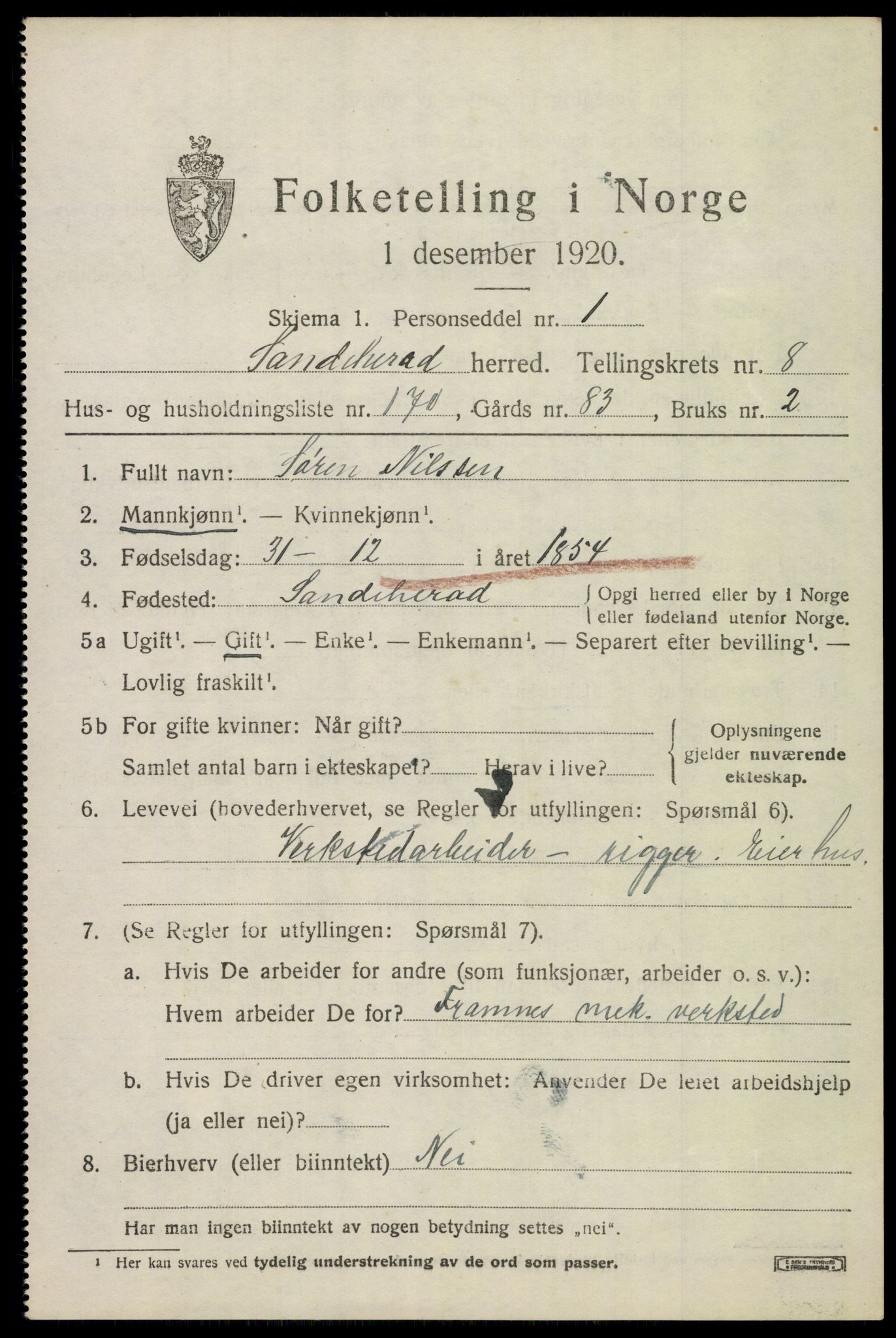 SAKO, 1920 census for Sandeherred, 1920, p. 14270