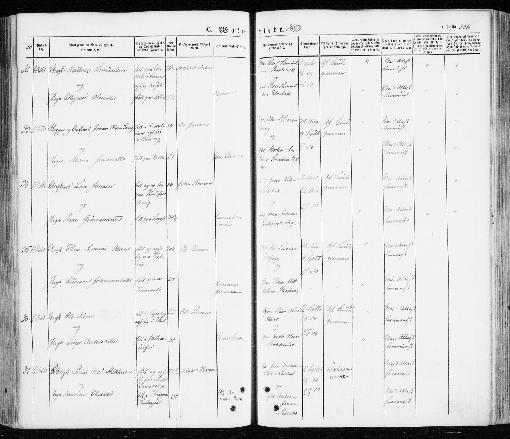Ibestad sokneprestembete, SATØ/S-0077/H/Ha/Haa/L0008kirke: Parish register (official) no. 8, 1850-1859, p. 336