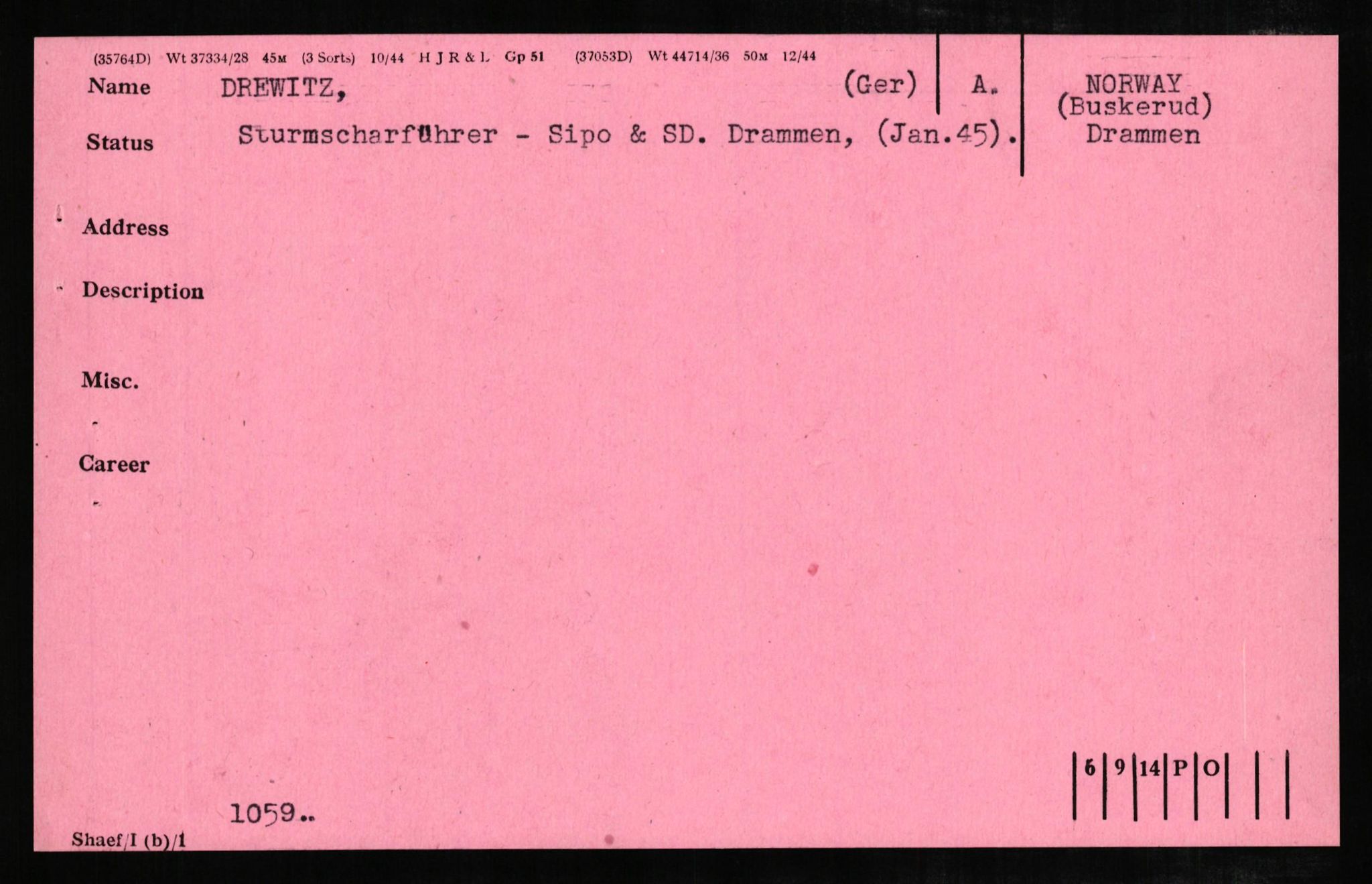 Forsvaret, Forsvarets overkommando II, RA/RAFA-3915/D/Db/L0006: CI Questionaires. Tyske okkupasjonsstyrker i Norge. Tyskere., 1945-1946, p. 239