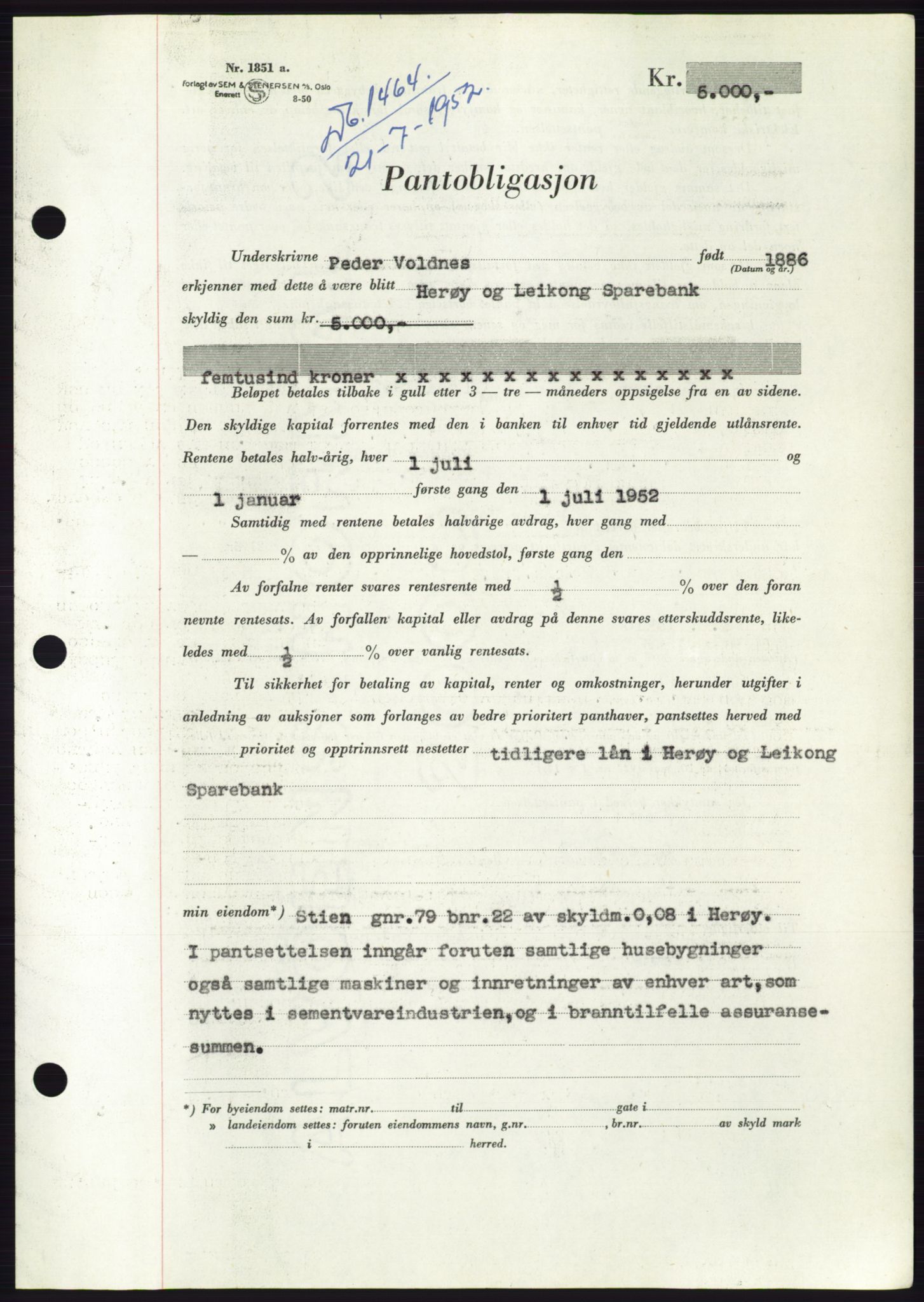 Søre Sunnmøre sorenskriveri, AV/SAT-A-4122/1/2/2C/L0121: Mortgage book no. 9B, 1951-1952, Diary no: : 1464/1952