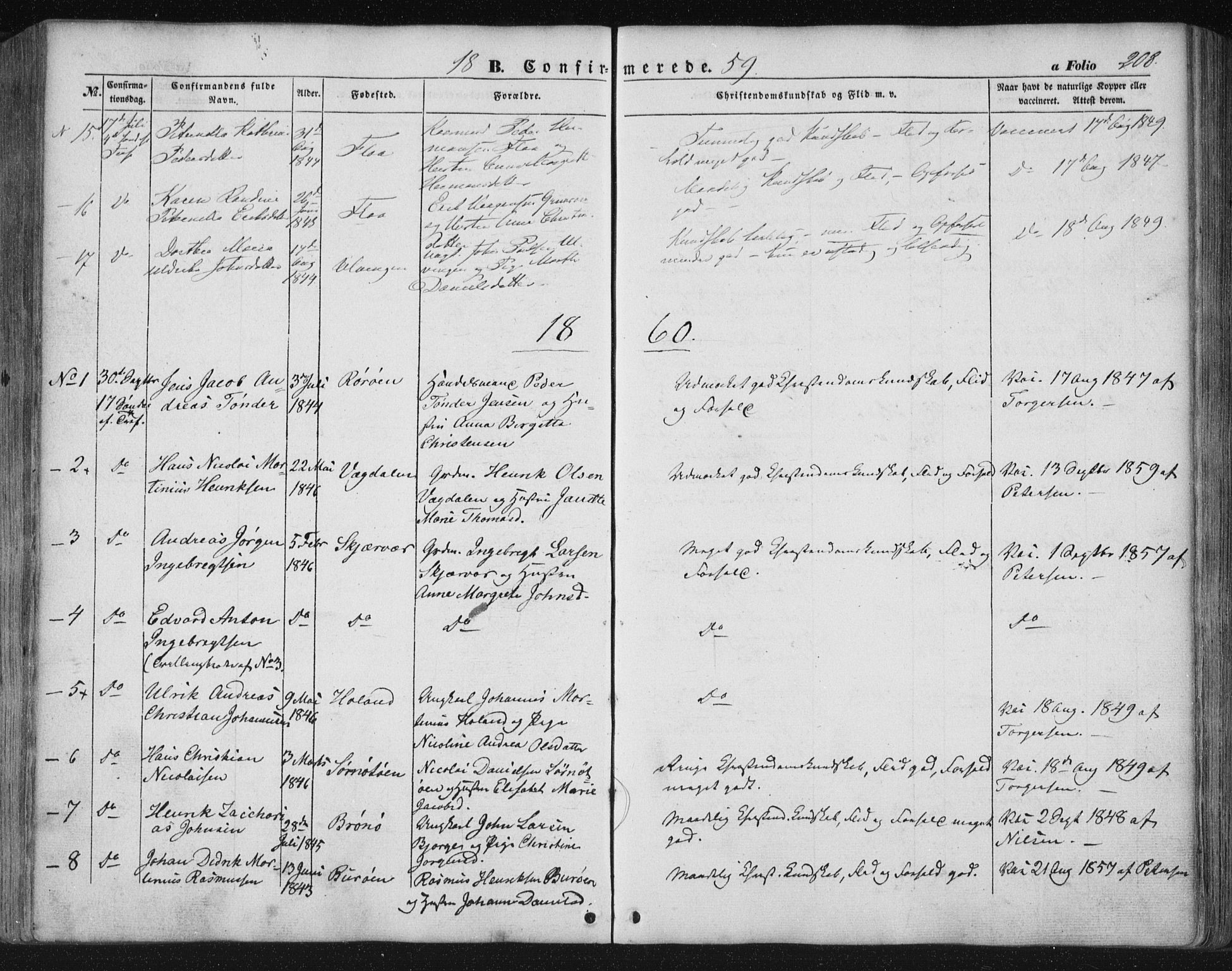 Ministerialprotokoller, klokkerbøker og fødselsregistre - Nordland, AV/SAT-A-1459/816/L0240: Parish register (official) no. 816A06, 1846-1870, p. 208