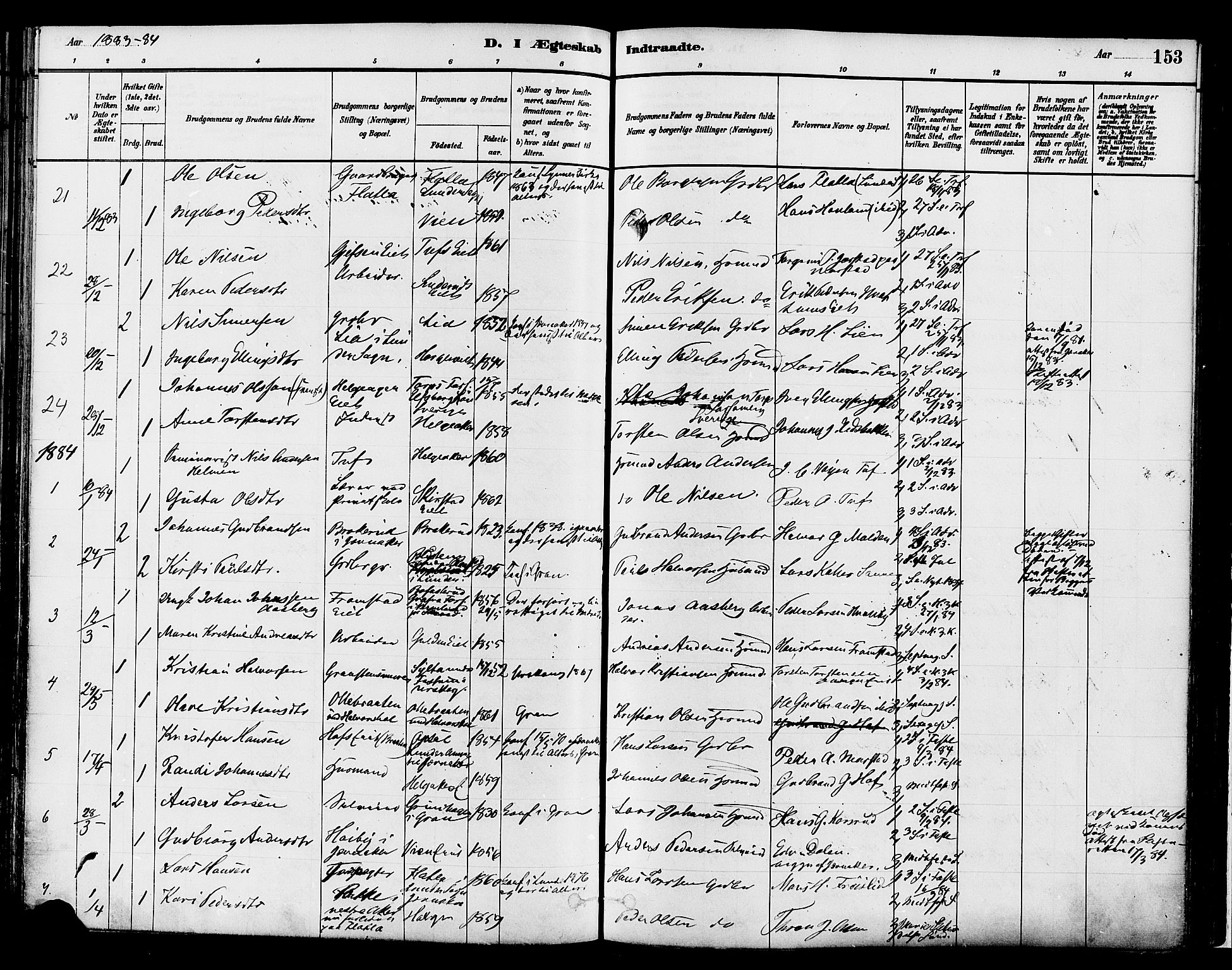 Gran prestekontor, SAH/PREST-112/H/Ha/Haa/L0014: Parish register (official) no. 14, 1880-1889, p. 153