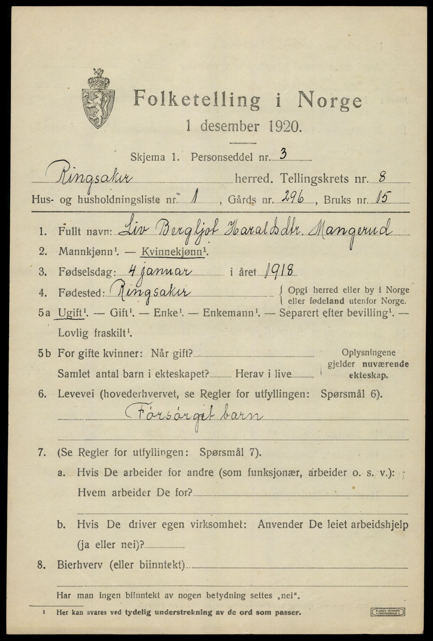 SAH, 1920 census for Ringsaker, 1920, p. 16958