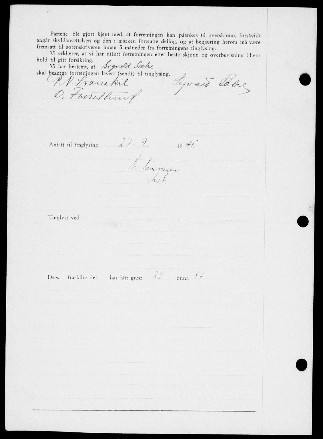 Onsøy sorenskriveri, SAO/A-10474/G/Ga/Gab/L0015: Mortgage book no. II A-15, 1945-1946, Diary no: : 1318/1945