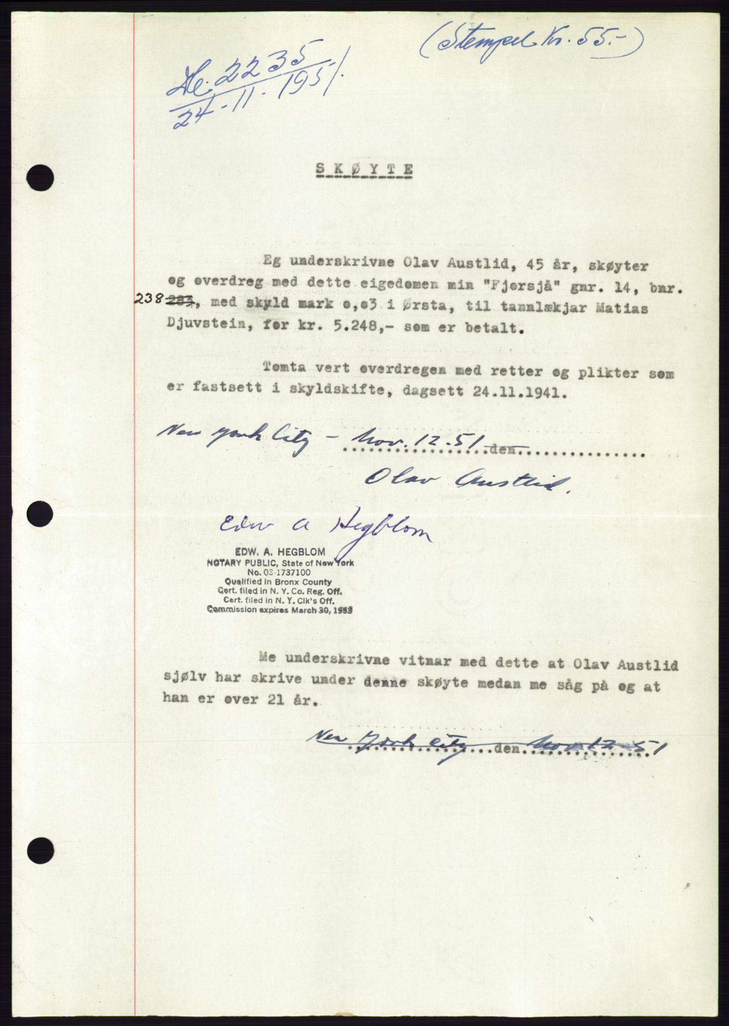 Søre Sunnmøre sorenskriveri, AV/SAT-A-4122/1/2/2C/L0090: Mortgage book no. 16A, 1951-1951, Diary no: : 2235/1951