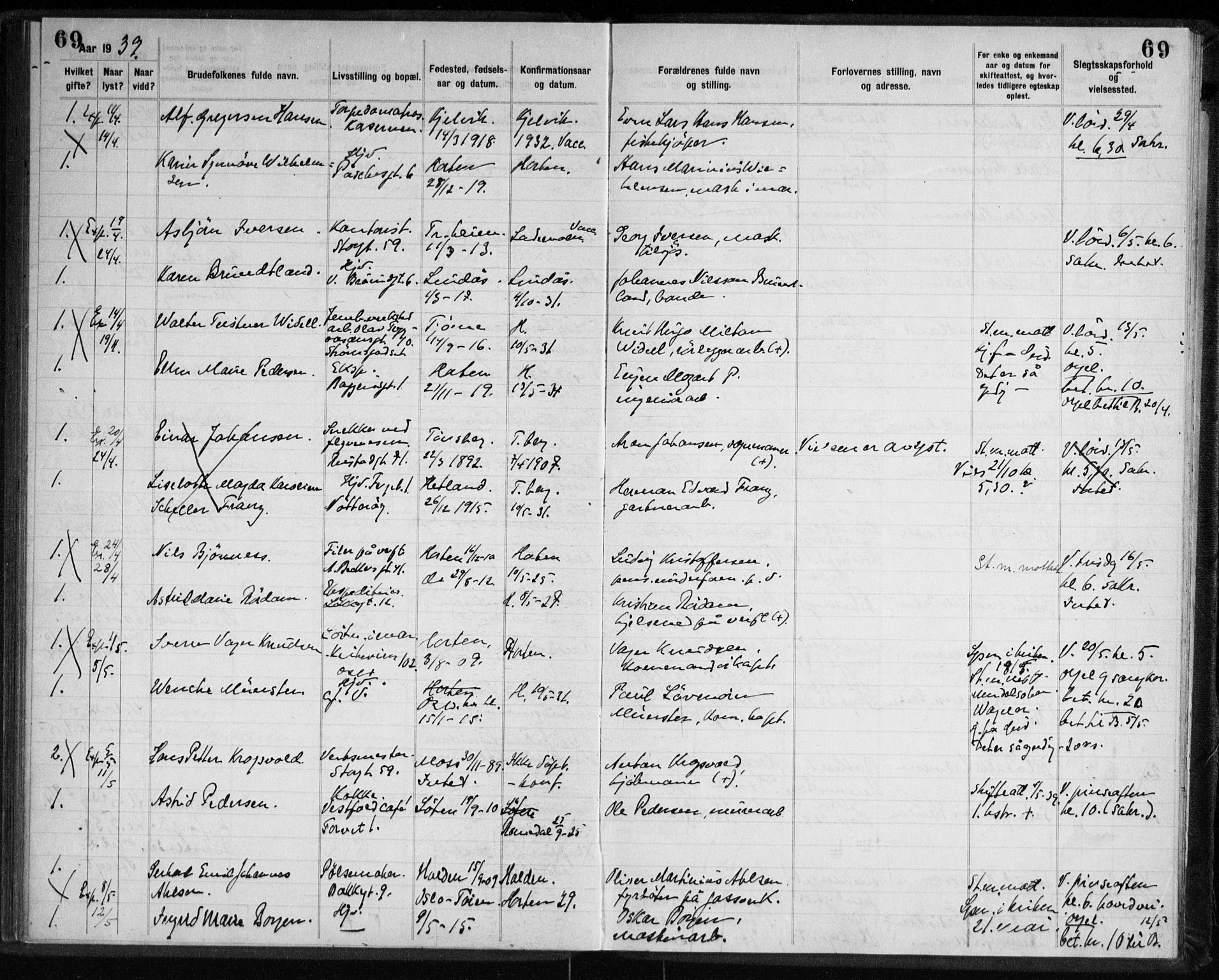 Horten kirkebøker, AV/SAKO-A-348/H/Ha/L0007: Banns register no. 7, 1934-1947, p. 69