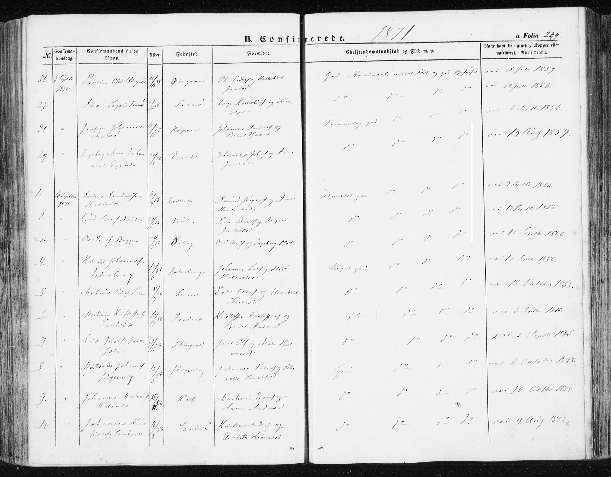 Ministerialprotokoller, klokkerbøker og fødselsregistre - Møre og Romsdal, AV/SAT-A-1454/581/L0937: Parish register (official) no. 581A05, 1853-1872, p. 229