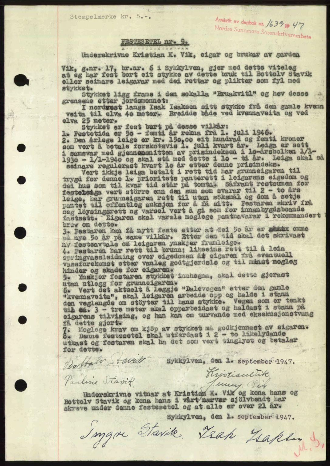 Nordre Sunnmøre sorenskriveri, AV/SAT-A-0006/1/2/2C/2Ca: Mortgage book no. A25, 1947-1947, Diary no: : 1639/1947