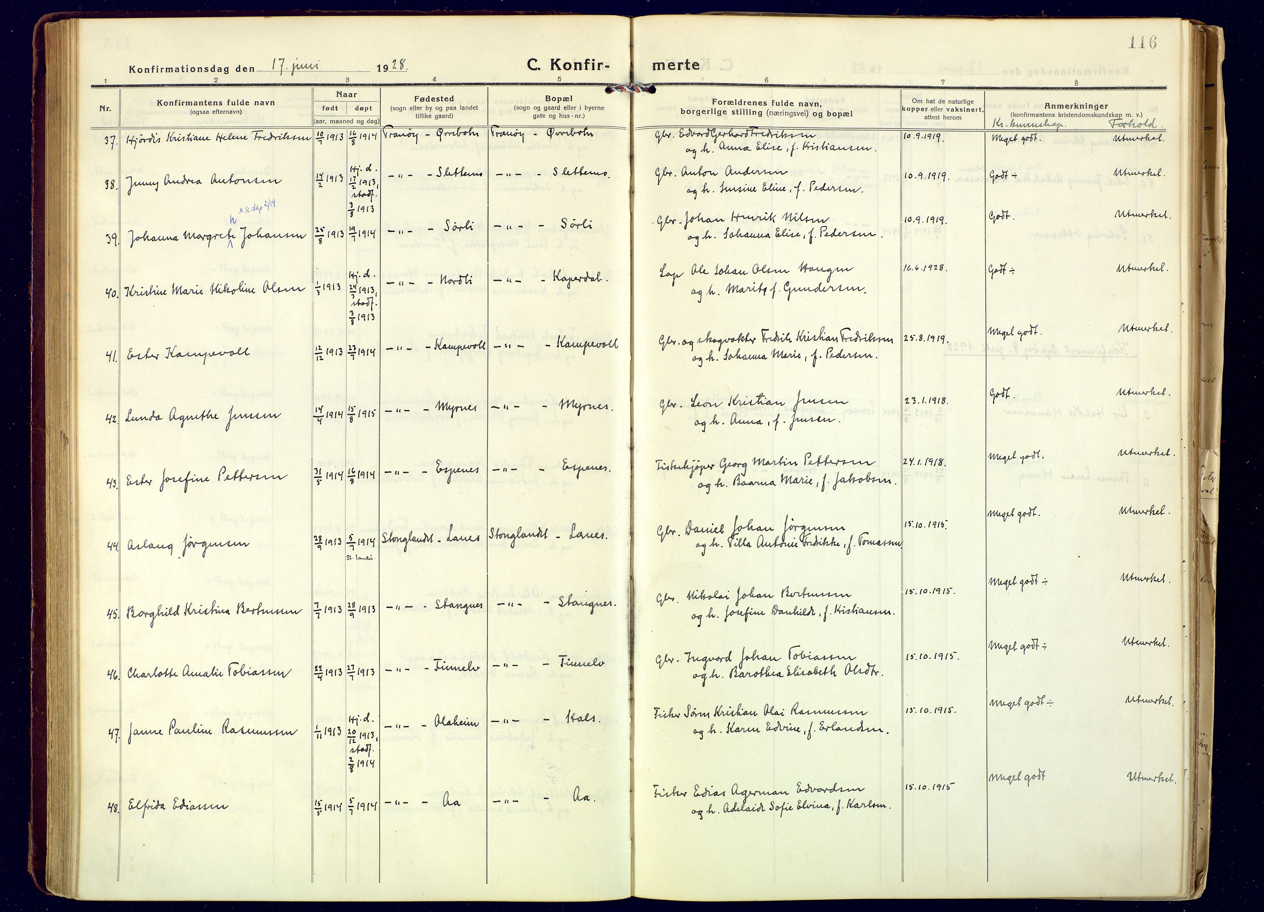 Tranøy sokneprestkontor, AV/SATØ-S-1313/I/Ia/Iaa/L0016kirke: Parish register (official) no. 16, 1919-1932, p. 116