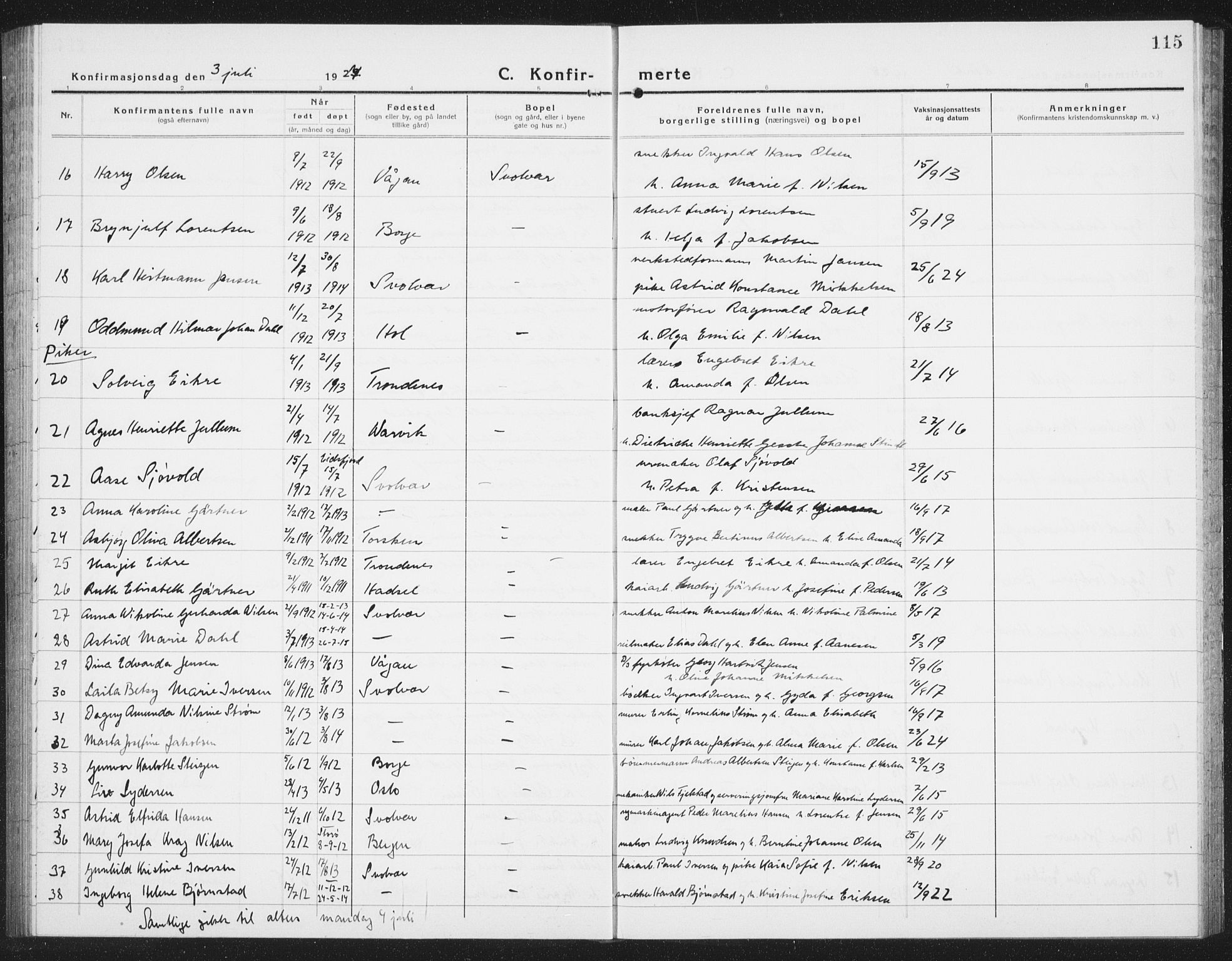 Ministerialprotokoller, klokkerbøker og fødselsregistre - Nordland, AV/SAT-A-1459/877/L1117: Parish register (copy) no. 877C01, 1923-1942, p. 115