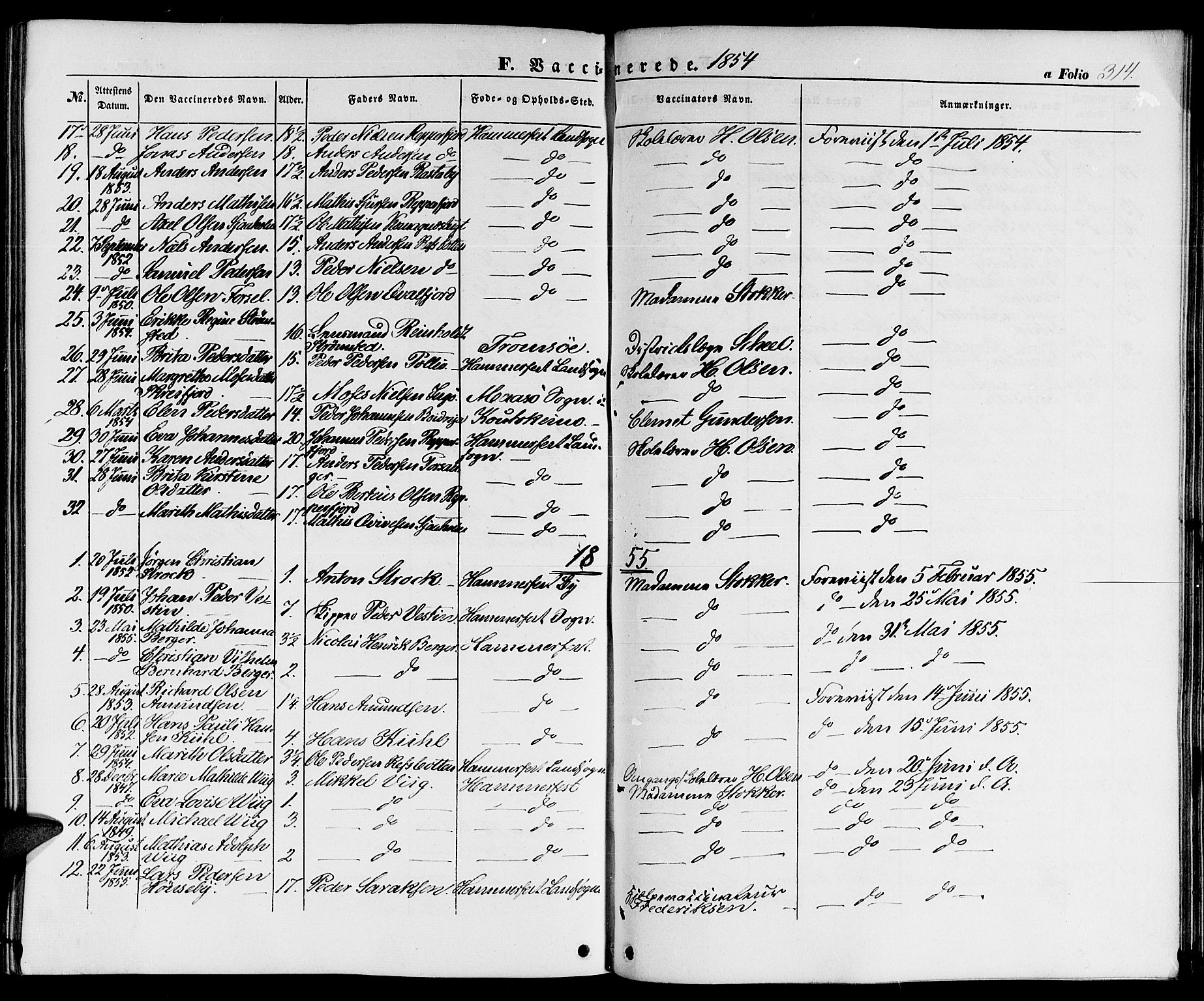 Hammerfest sokneprestkontor, SATØ/S-1347/H/Hb/L0002.klokk: Parish register (copy) no. 2, 1851-1861, p. 314