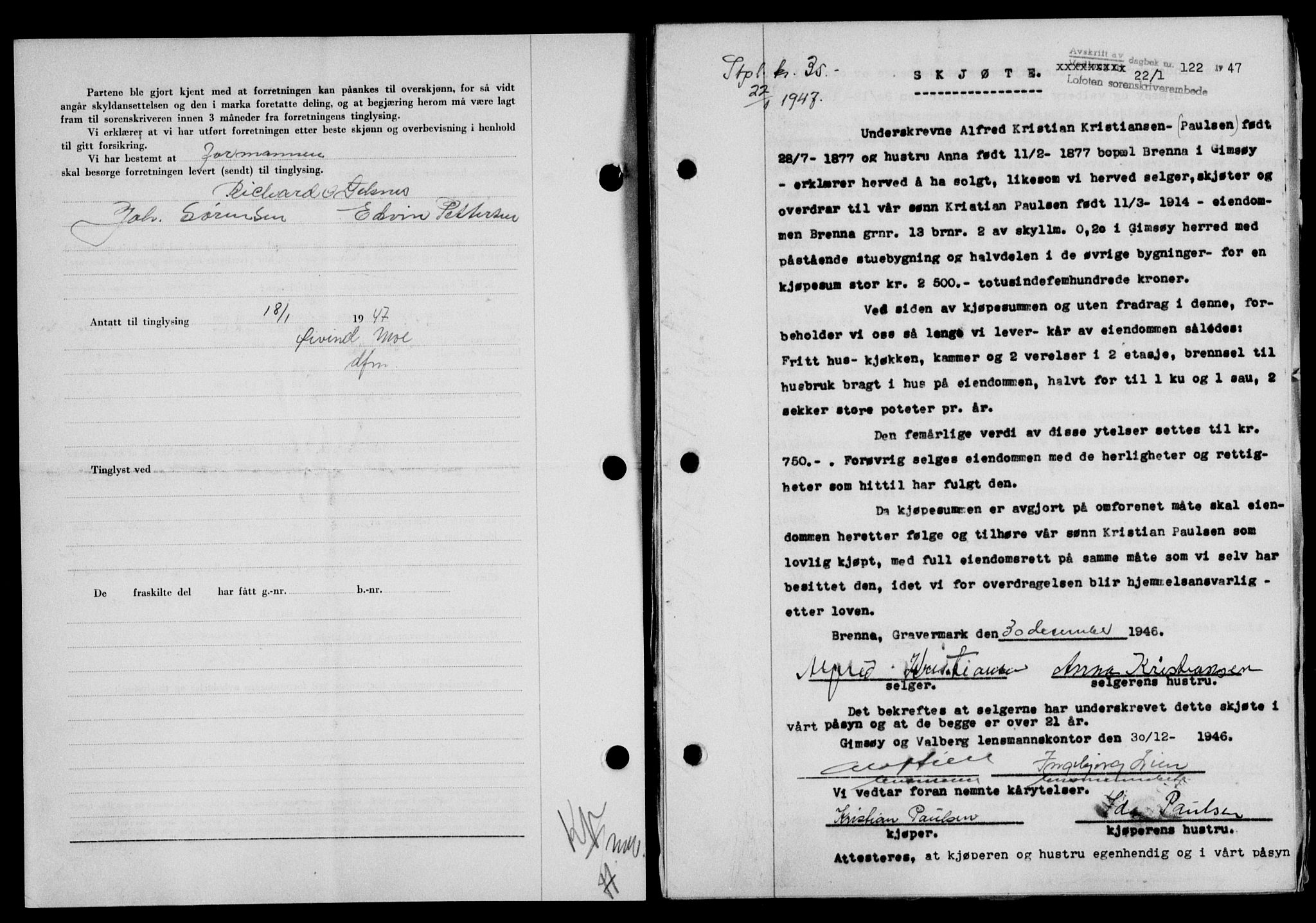 Lofoten sorenskriveri, SAT/A-0017/1/2/2C/L0015a: Mortgage book no. 15a, 1946-1947, Diary no: : 122/1947