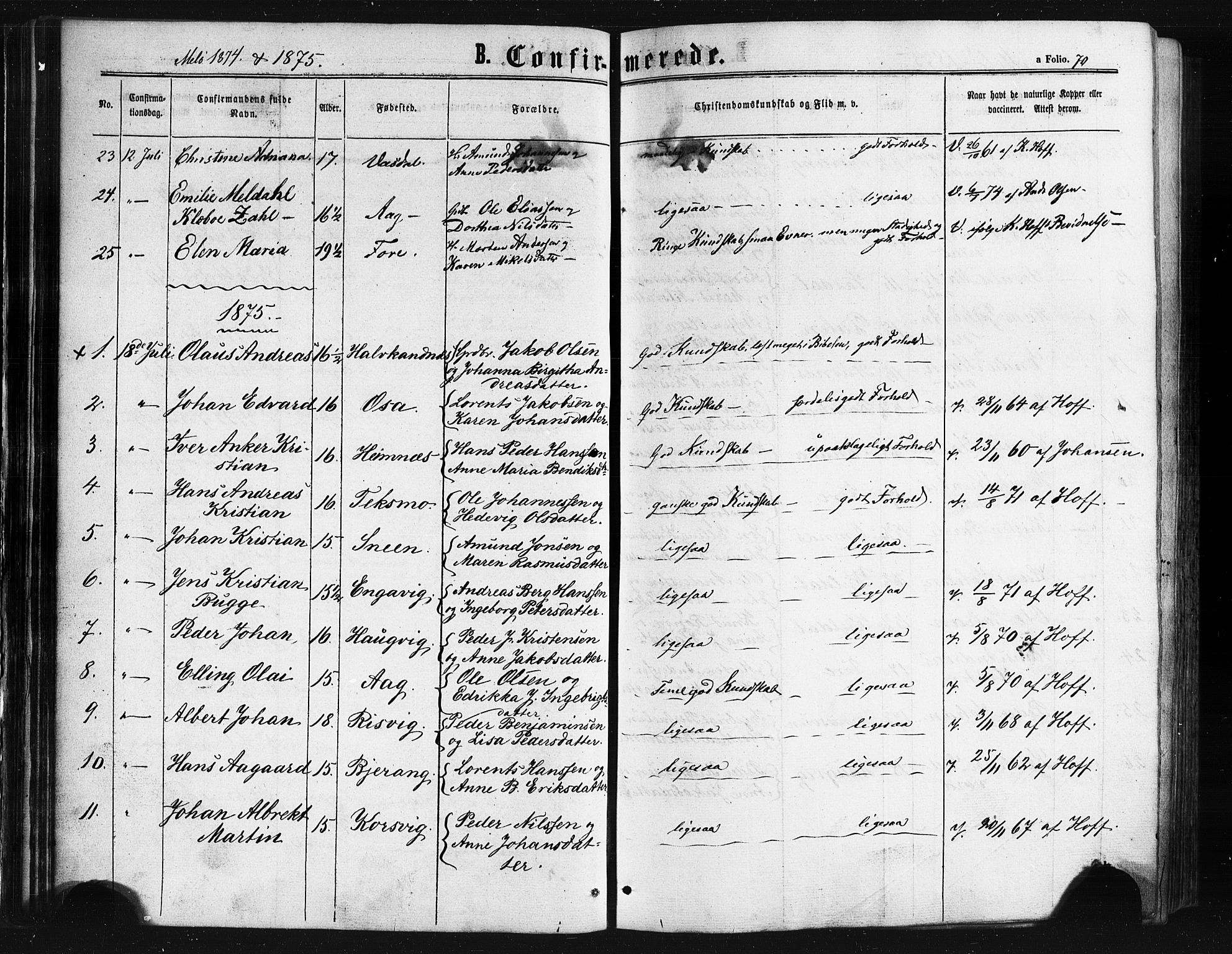 Ministerialprotokoller, klokkerbøker og fødselsregistre - Nordland, SAT/A-1459/841/L0607: Parish register (official) no. 841A11 /2, 1863-1877, p. 70