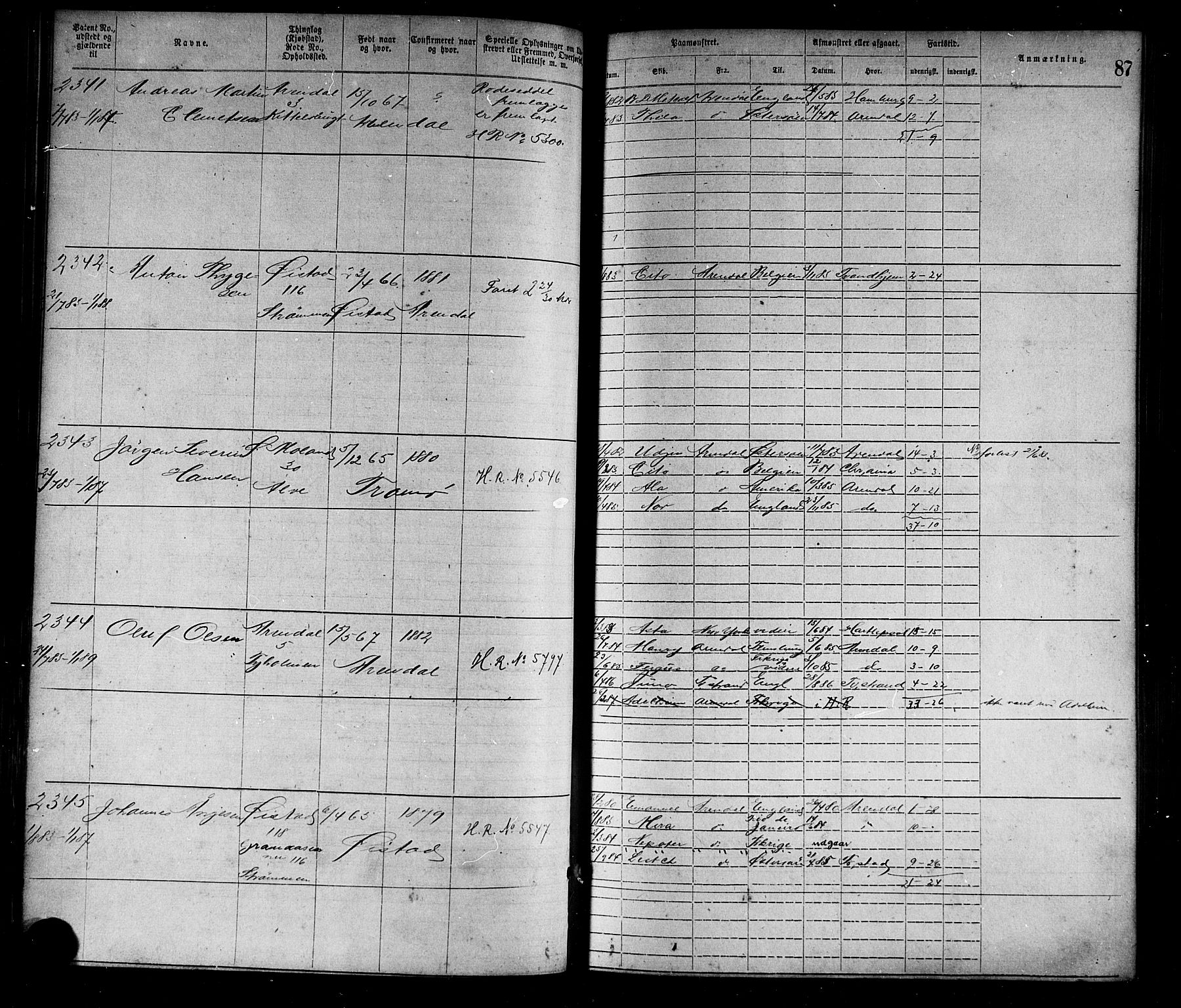 Arendal mønstringskrets, SAK/2031-0012/F/Fa/L0003: Annotasjonsrulle nr 1911-3827 med register, S-3, 1880-1892, p. 116